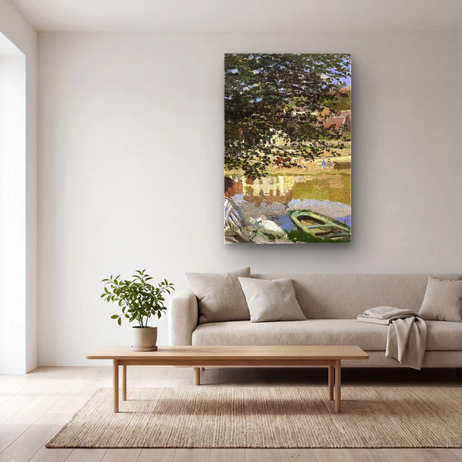 Claude Monet – On the Bank of the Seine, Bennecourt cam tablo — açık renk salonda