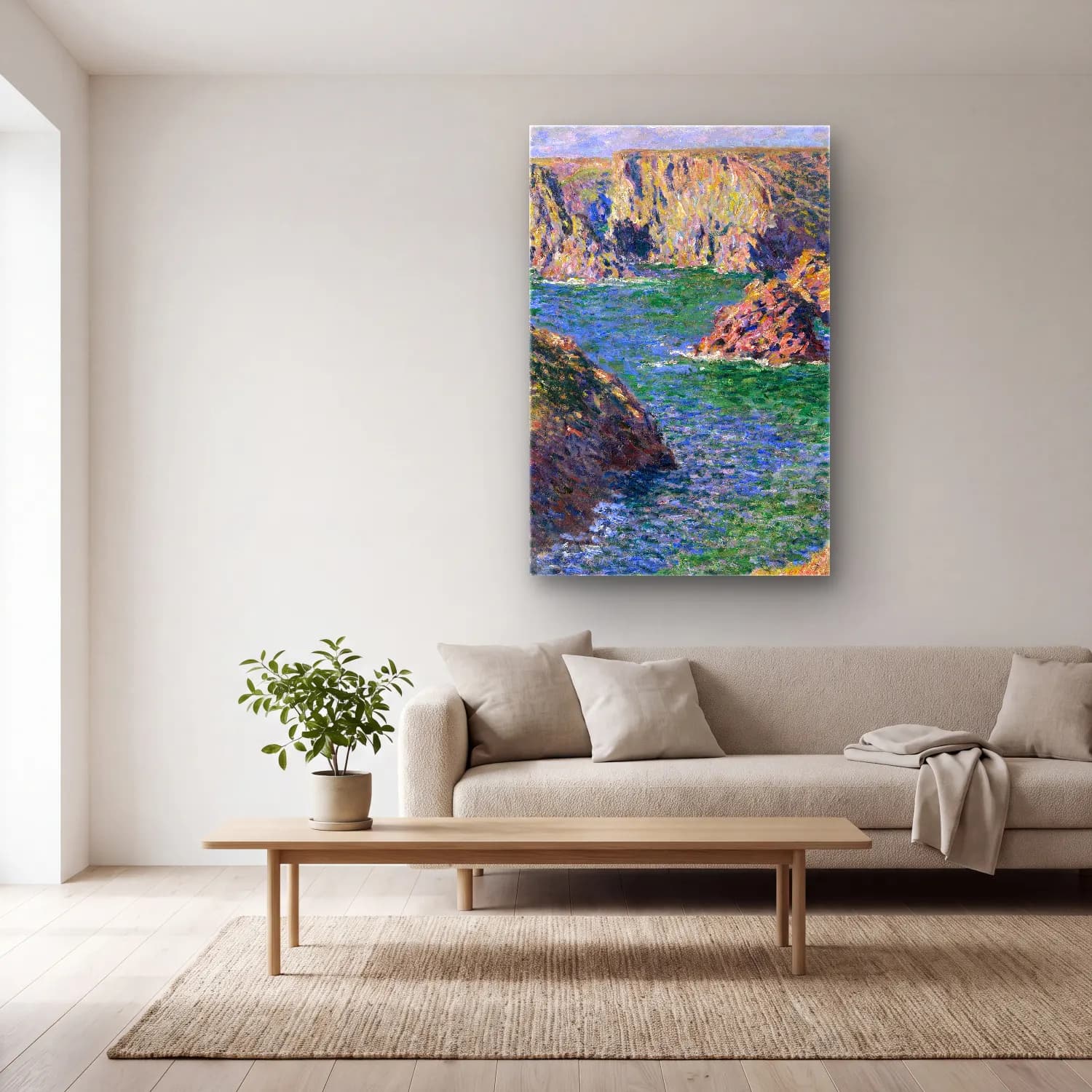 Claude Monet – Poppy Field (Giverny) cam tablo — açık renk salonda
