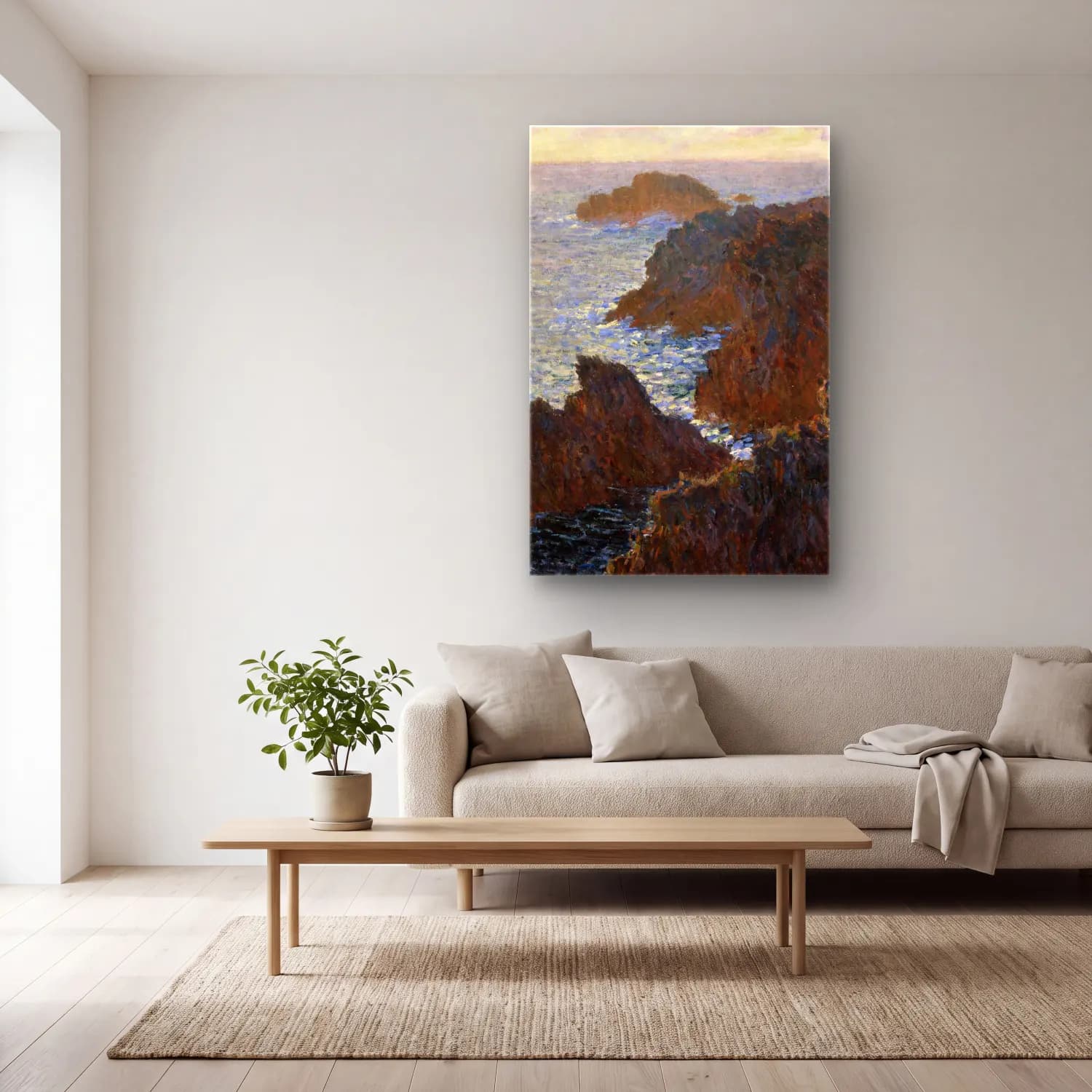 Claude Monet – Rocks at Belle-Isle, Port-Domois cam tablo — açık renk salonda