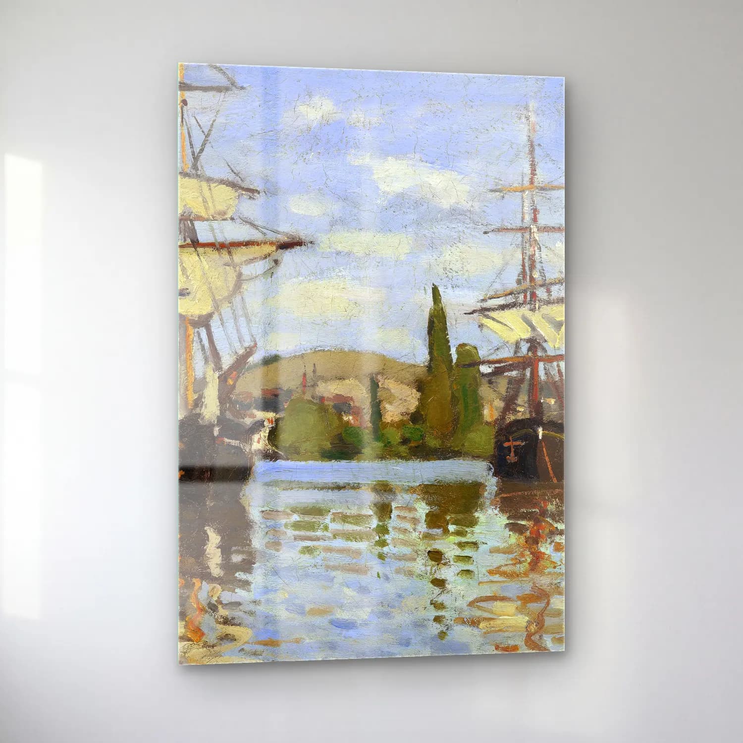 Claude Monet – Ships Riding on the Seine at Rouen cam tablo — sol açıdan görünüm