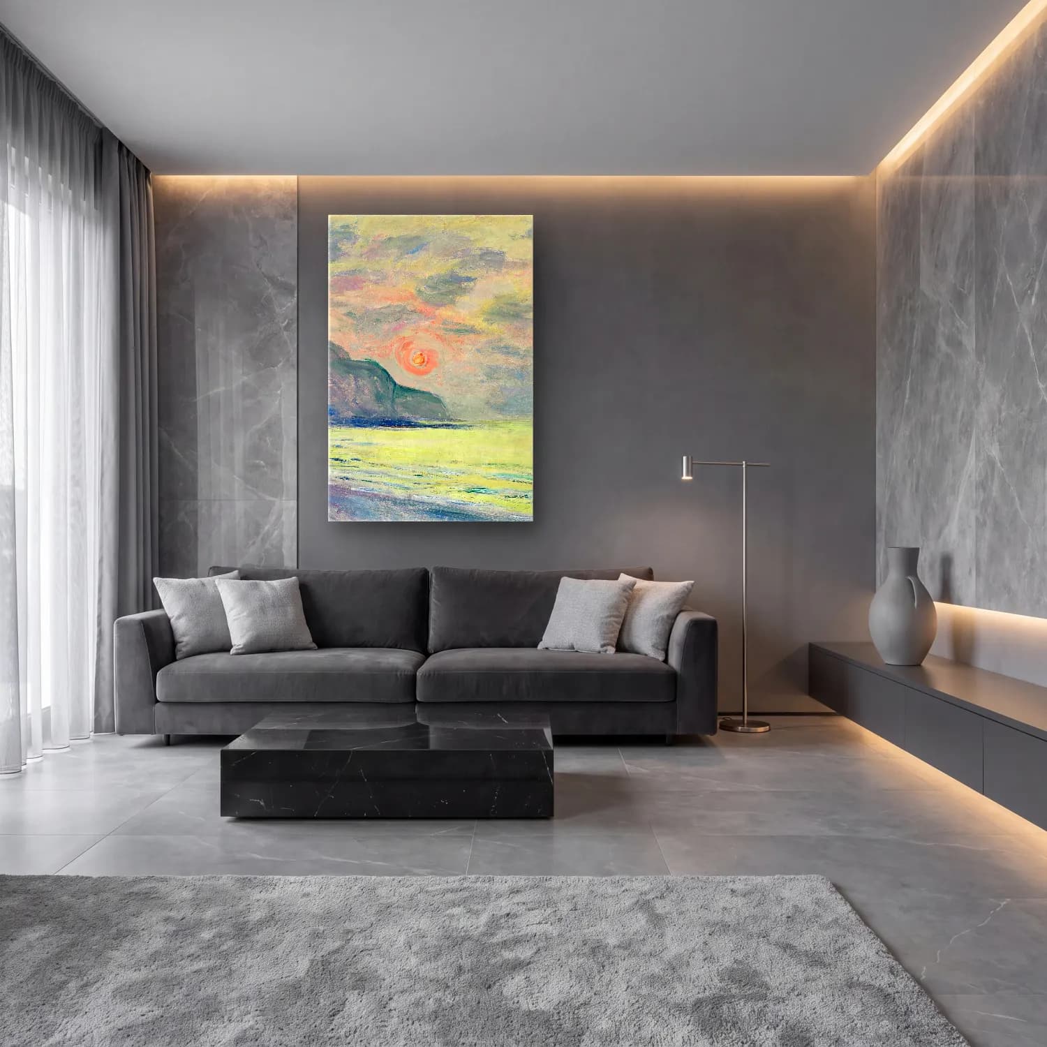 Claude Monet – Soleil couchant, temps brumeux, Pourville cam tablo — lüks salon duvarında