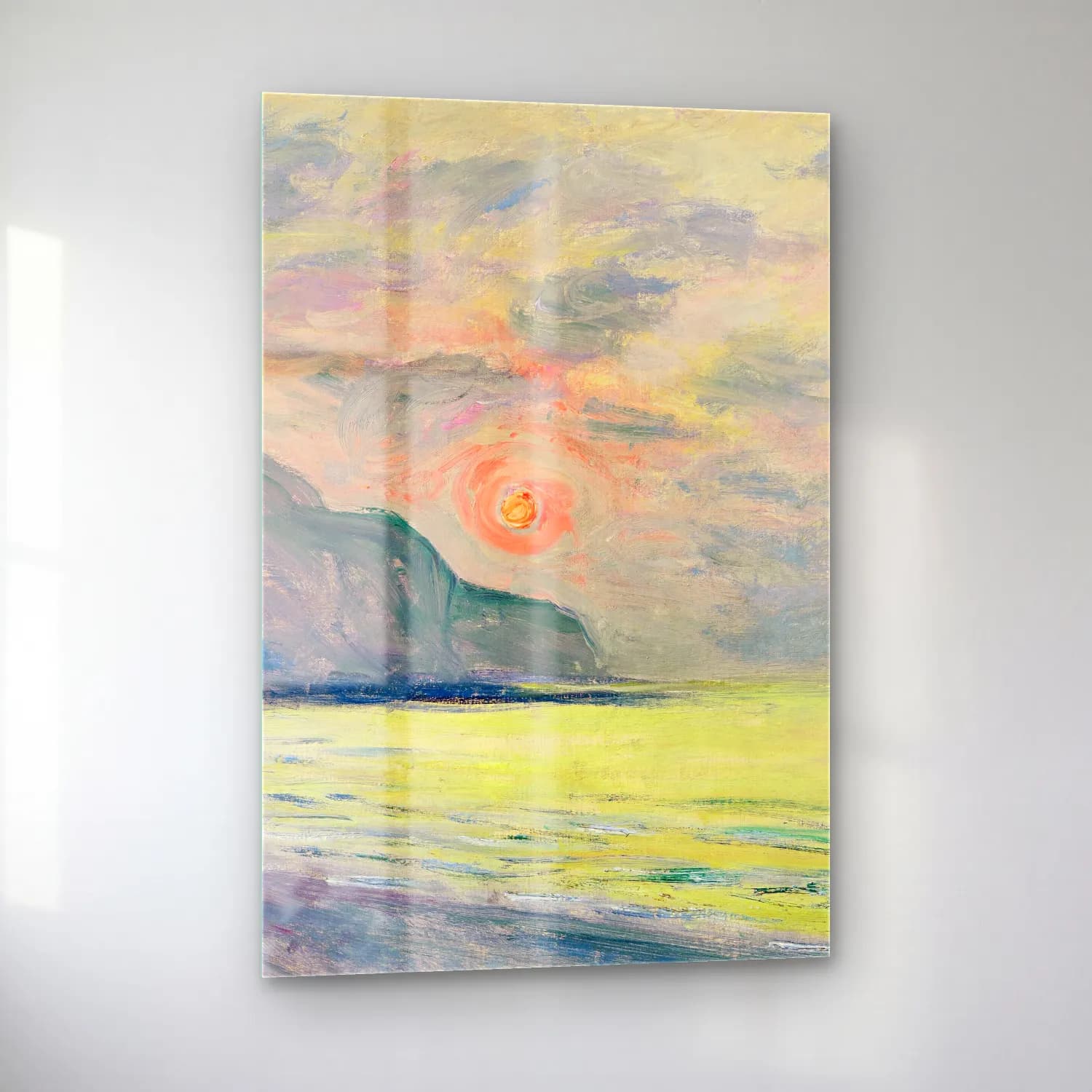 Claude Monet – Soleil couchant, temps brumeux, Pourville cam tablo — sol açıdan görünüm