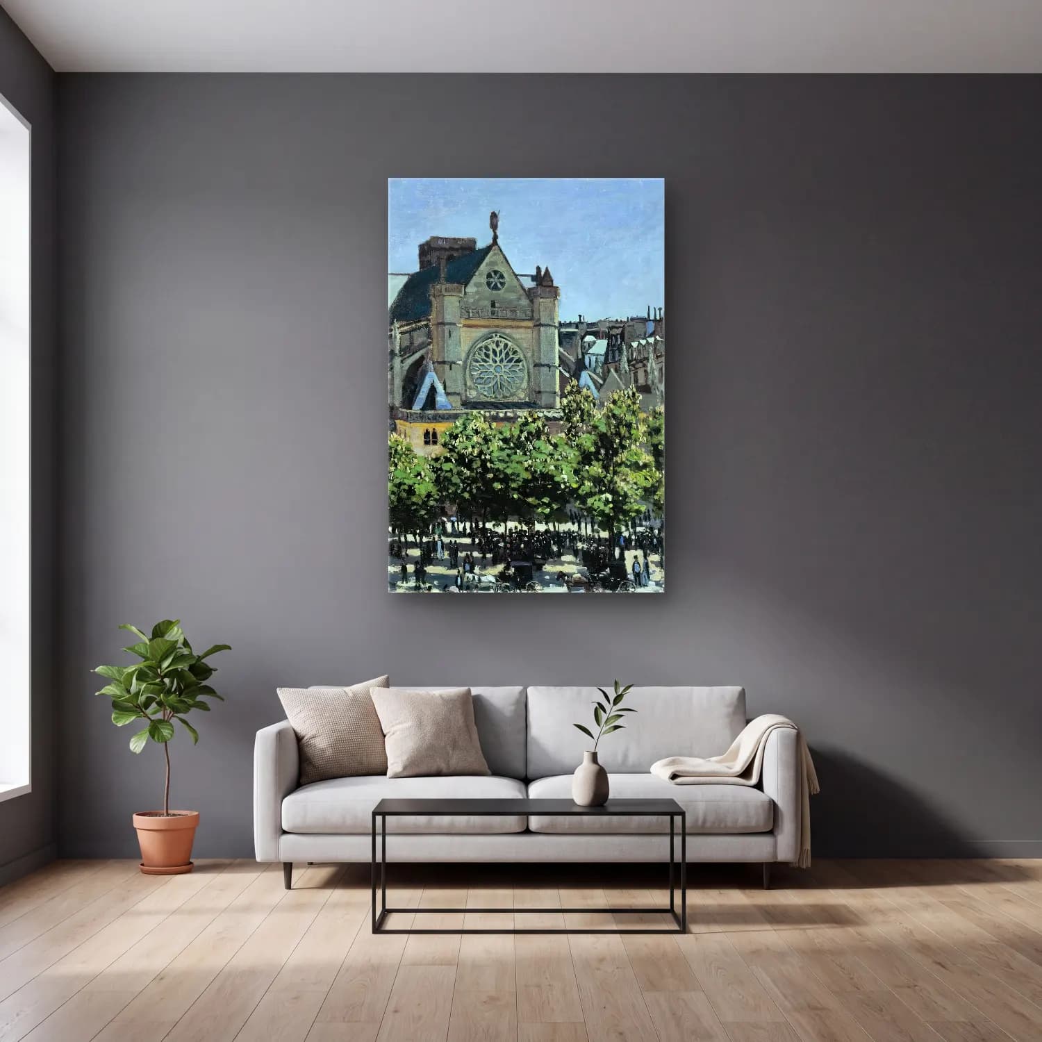 Claude Monet – St. Germain l’Auxerrois cam tablo — gri duvarlı salonda