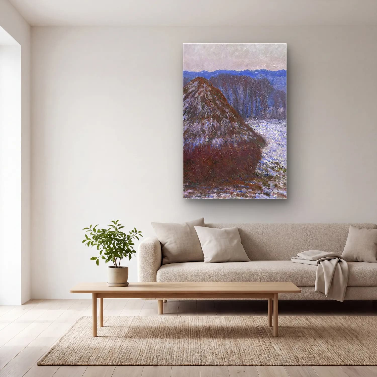 Claude Monet – Stack of Wheat cam tablo — açık renk salonda