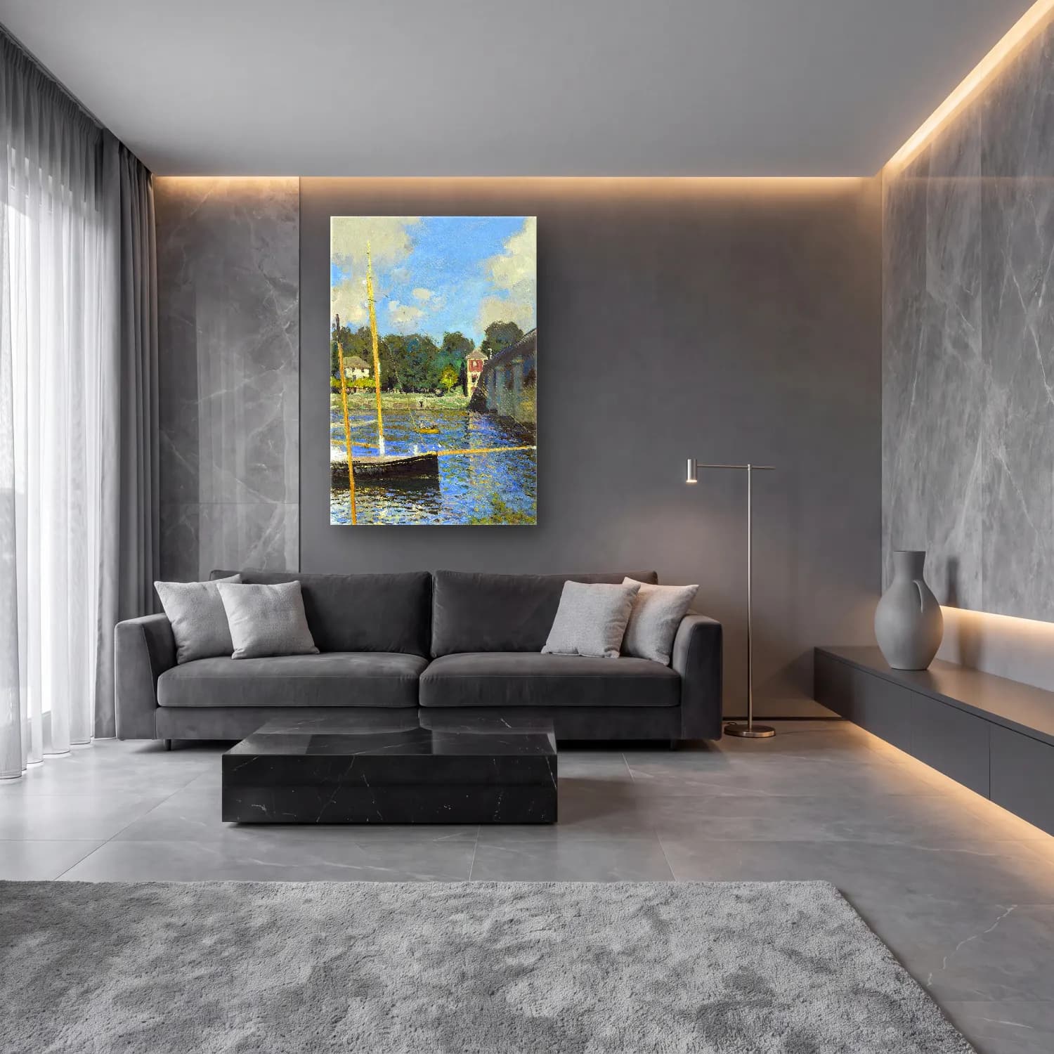 Claude Monet – The Bridge at Argenteuil cam tablo — lüks salon duvarında