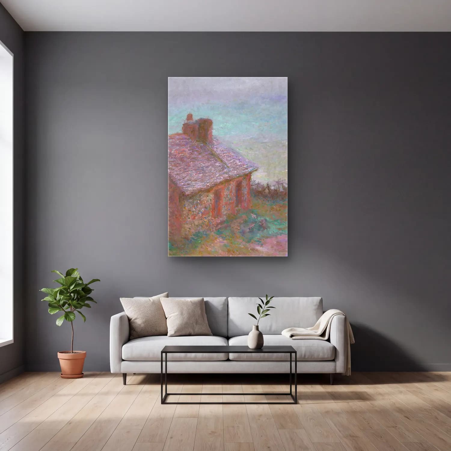 Claude Monet – The Customs House at Varengeville cam tablo — gri duvarlı salonda