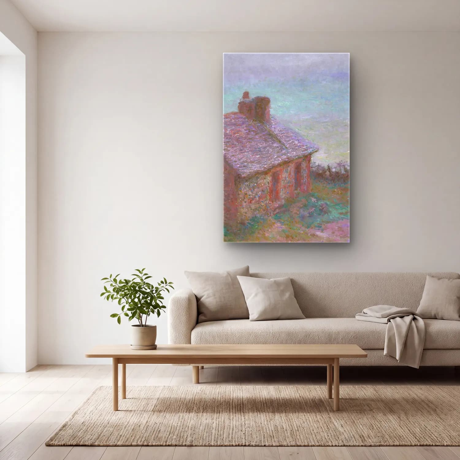 Claude Monet – The Customs House at Varengeville cam tablo — açık renk salonda
