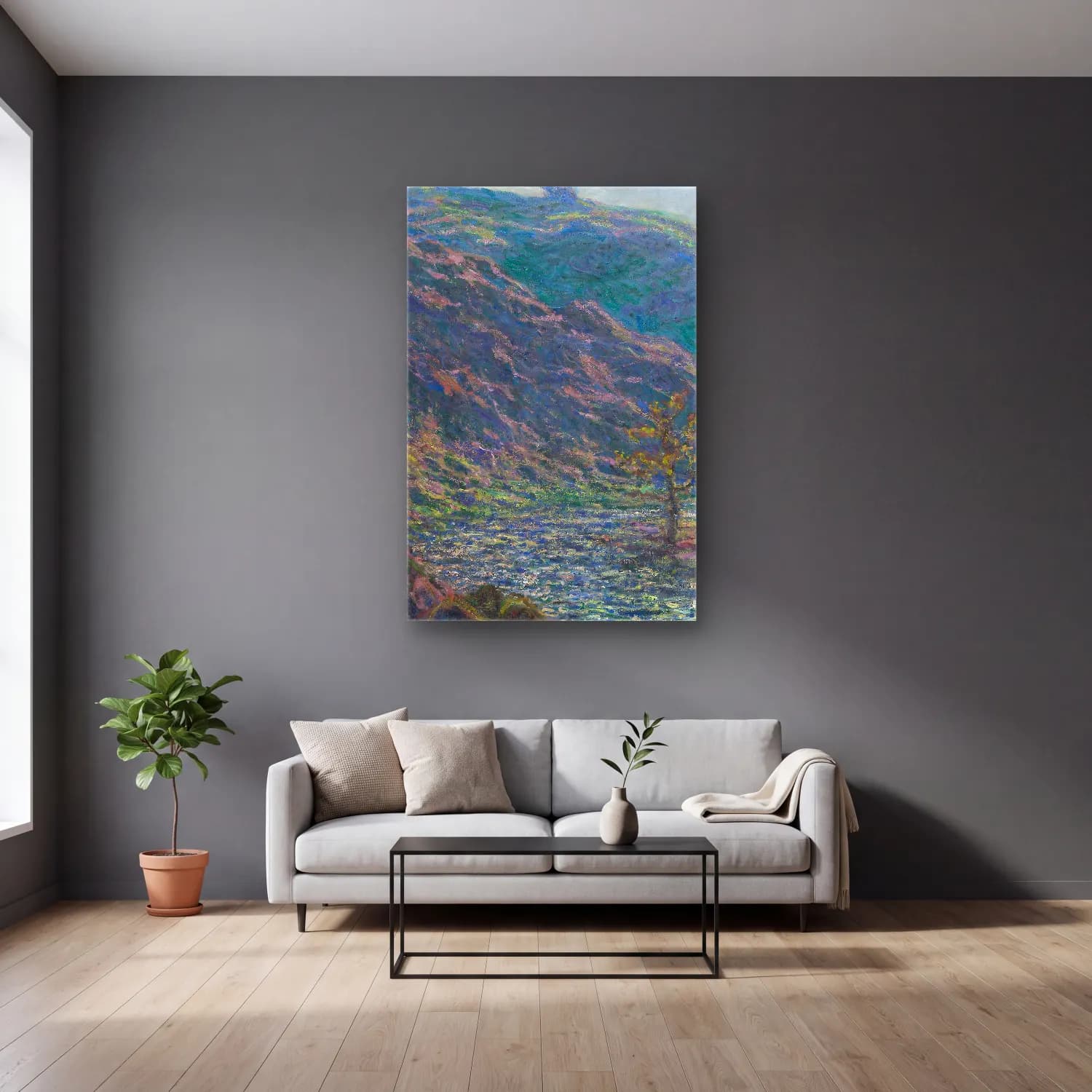 Claude Monet – The Petite Creuse River cam tablo — gri duvarlı salonda