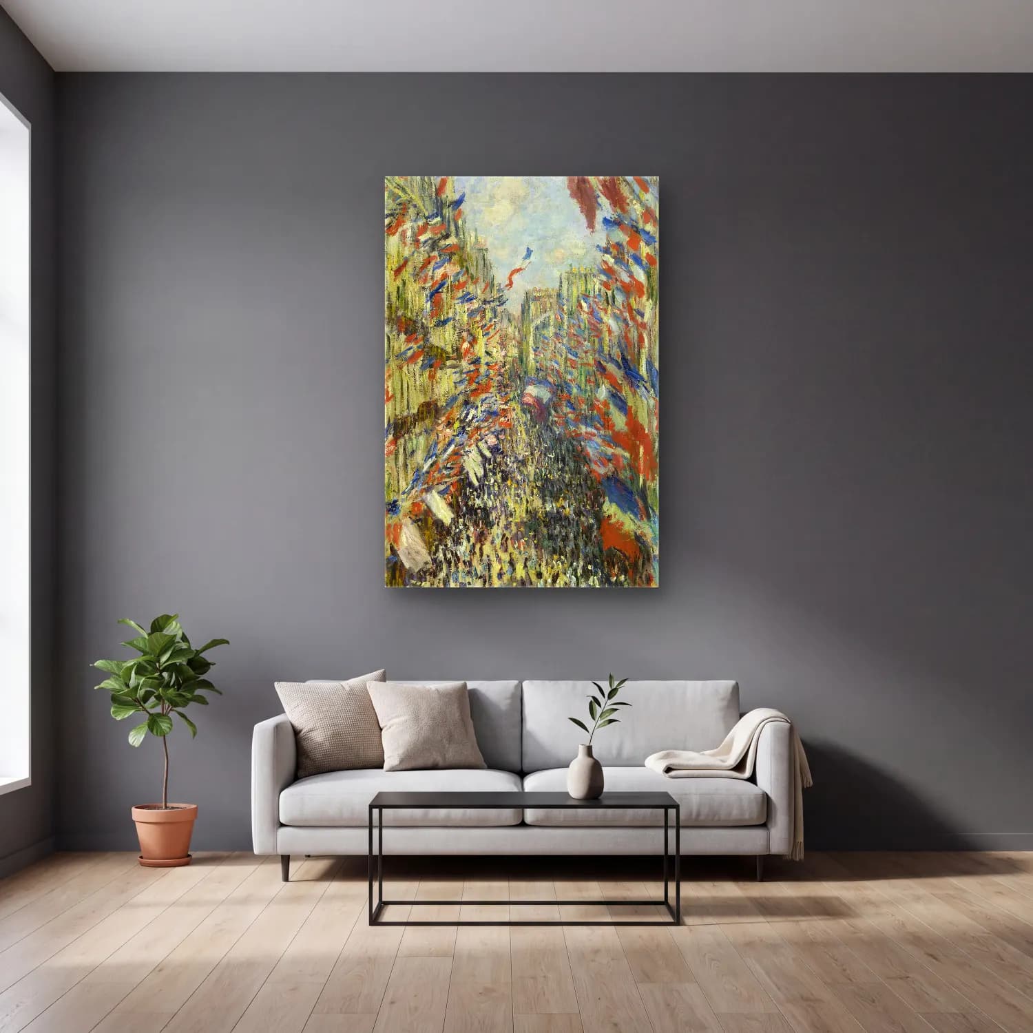 Claude Monet – The Rue Montorgueil in Paris. Celebration of June 30 cam tablo — gri duvarlı salonda
