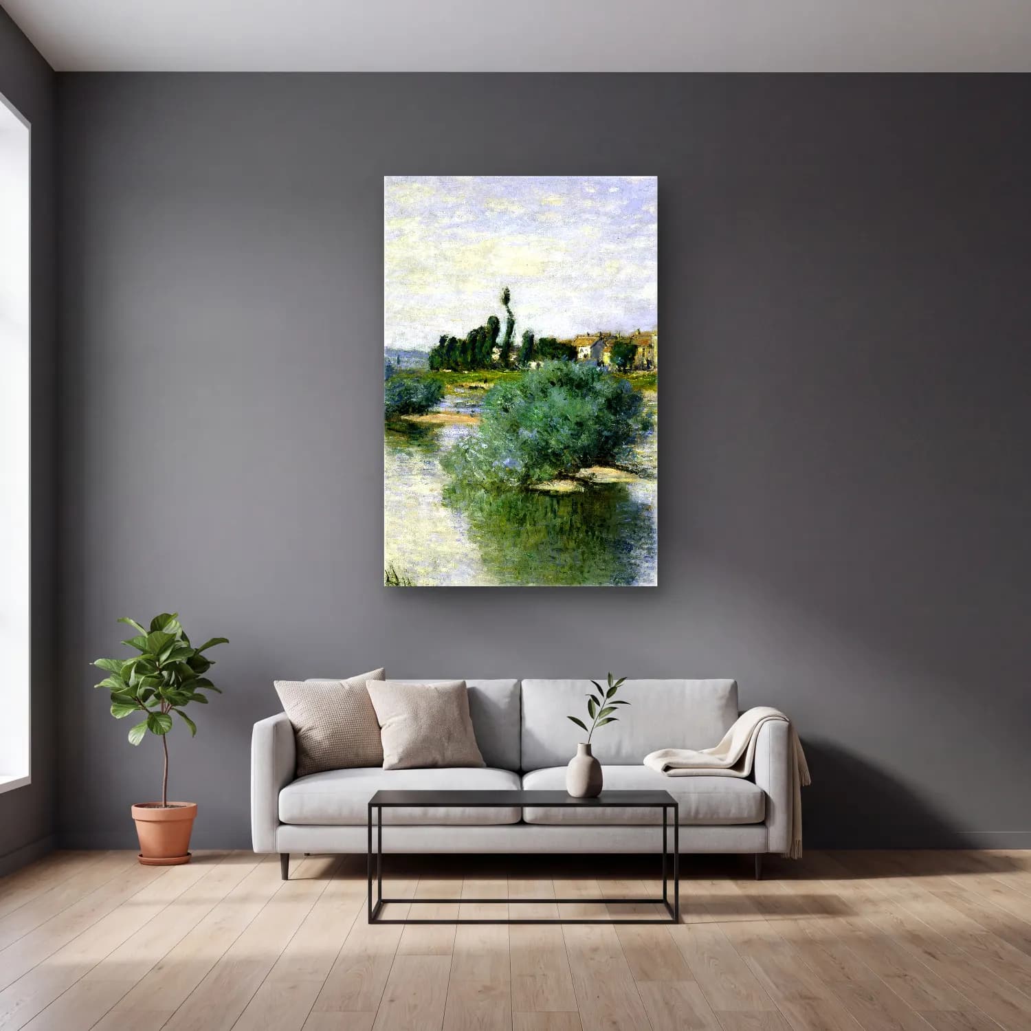 Claude Monet – The Seine at Lavacourt cam tablo — gri duvarlı salonda