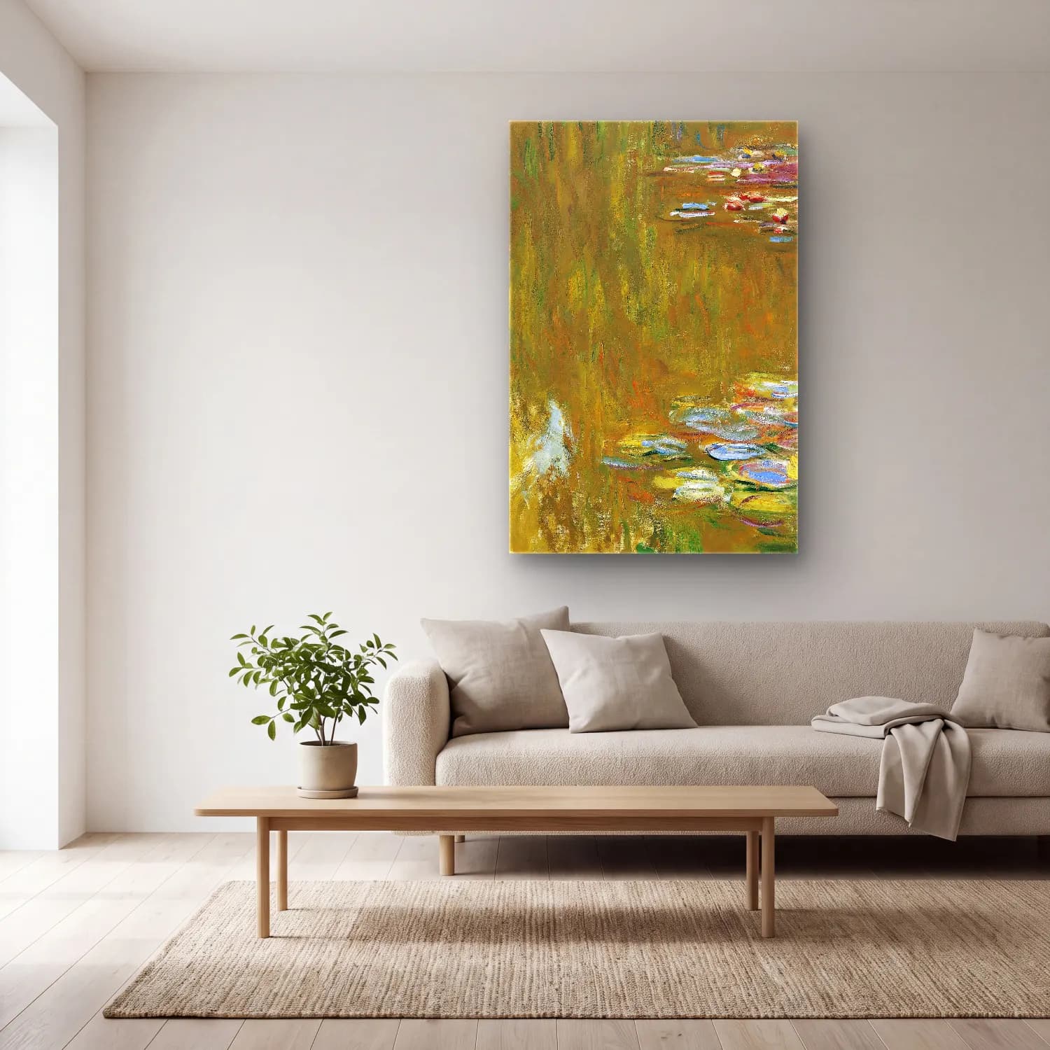 Claude Monet – The Water Lily Pond, c cam tablo — açık renk salonda