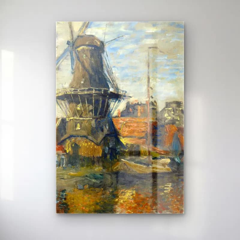 Claude Monet – The Windmill on the Onbekende Gracht, Amsterdam cam tablo — Claude Monet – The Windmill on the Onbekende Gracht, Amsterdam — empresyonist liman ve tekneler