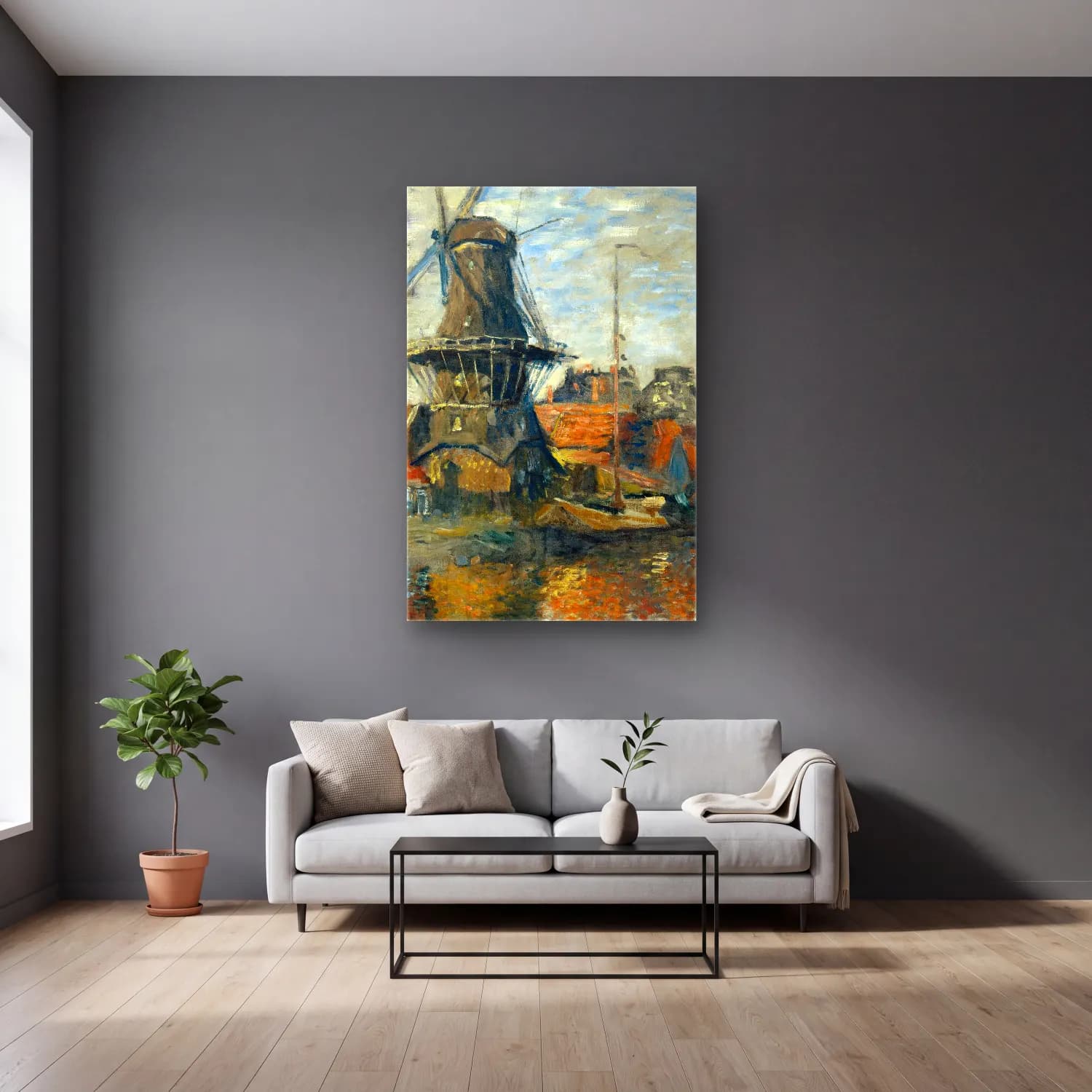 Claude Monet – The Windmill on the Onbekende Gracht, Amsterdam cam tablo — gri duvarlı salonda