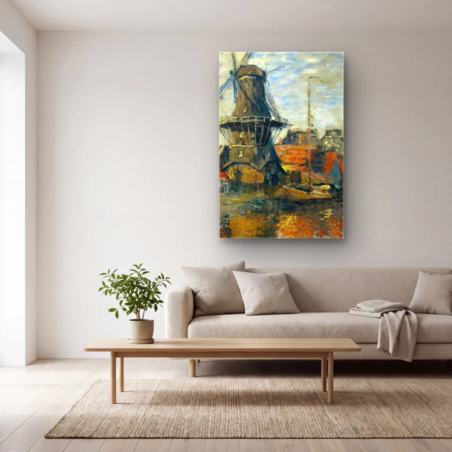 Claude Monet – The Windmill on the Onbekende Gracht, Amsterdam cam tablo — açık renk salonda