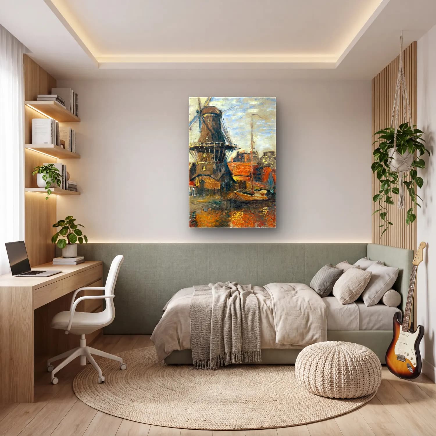 Claude Monet – The Windmill on the Onbekende Gracht, Amsterdam cam tablo — genç odasında
