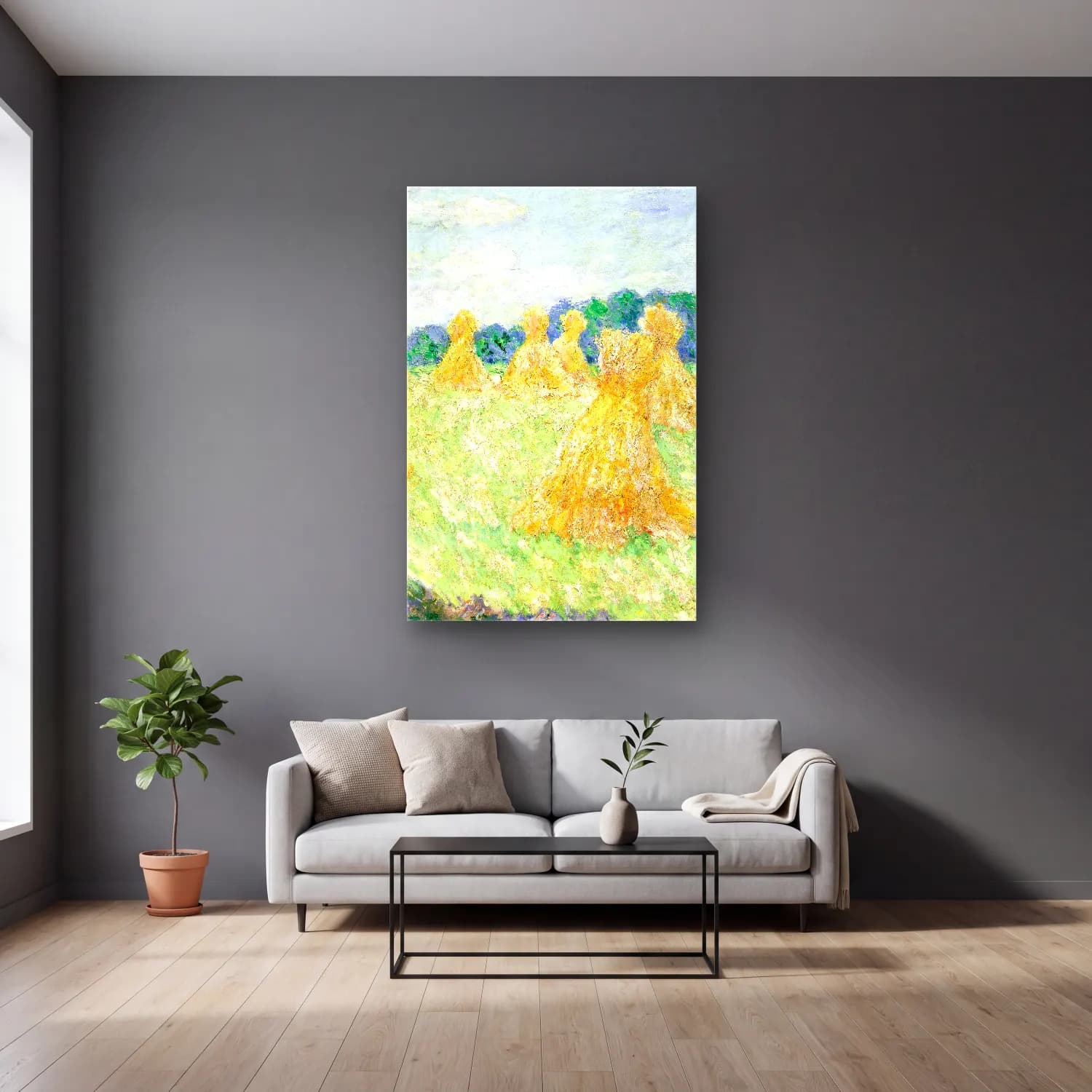Claude Monet – The Young Ladies of Giverny, Sun Effect cam tablo — gri duvarlı salonda