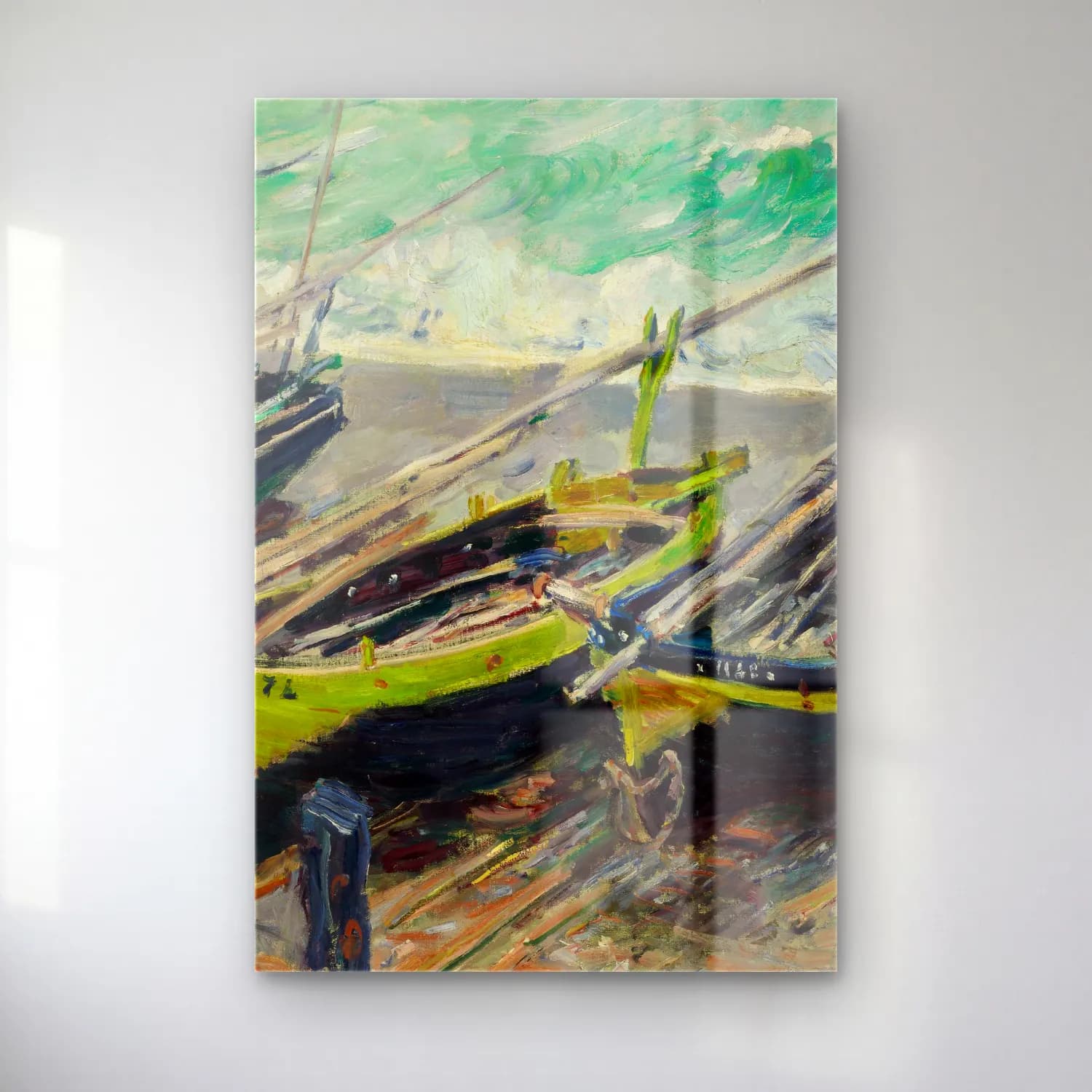 Claude Monet – Three Fishing Boats cam tablo — Claude Monet – Three Fishing Boats — yağlı boya liman ve tekneler