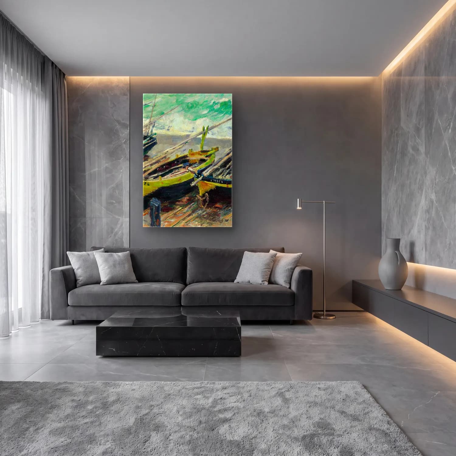 Claude Monet – Three Fishing Boats cam tablo — lüks salon duvarında