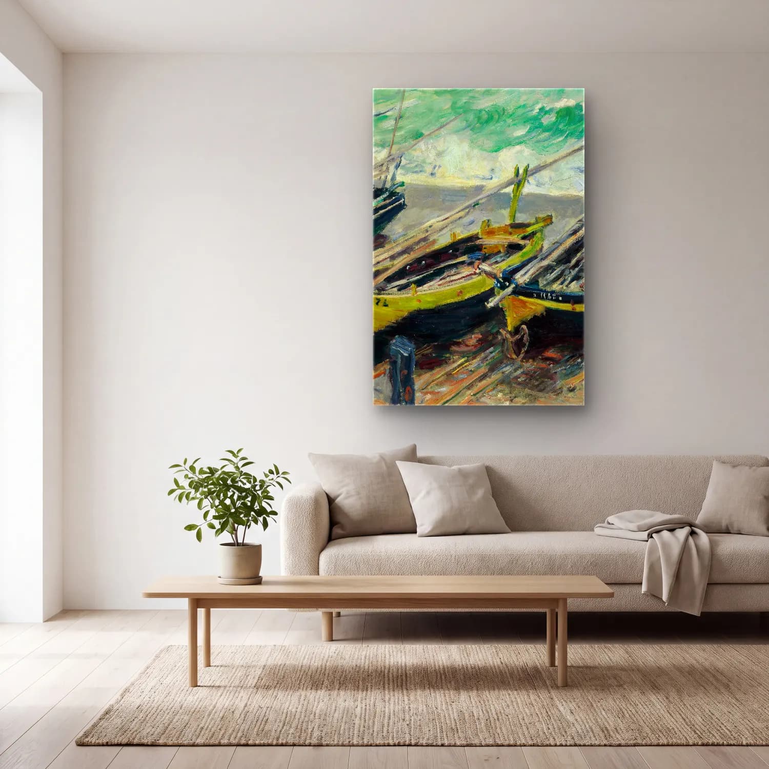 Claude Monet – Three Fishing Boats cam tablo — açık renk salonda