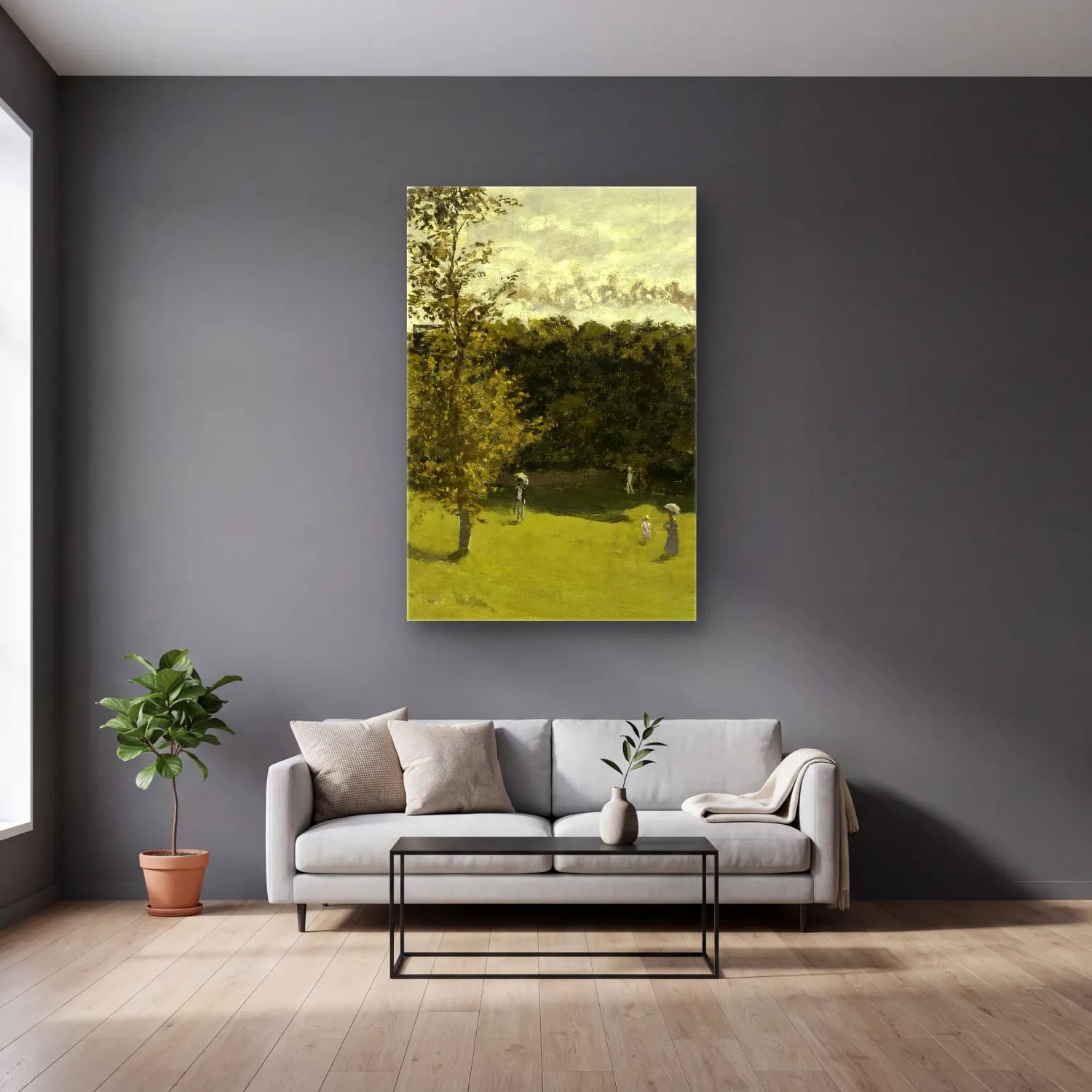 Claude Monet – Train in the Countryside (circa 1870) cam tablo — gri duvarlı salonda
