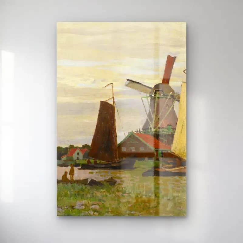Claude Monet – Un Moulin À Zaandam cam tablo — Claude Monet – Un Moulin À Zaandam — yağlı boya liman ve tekneler