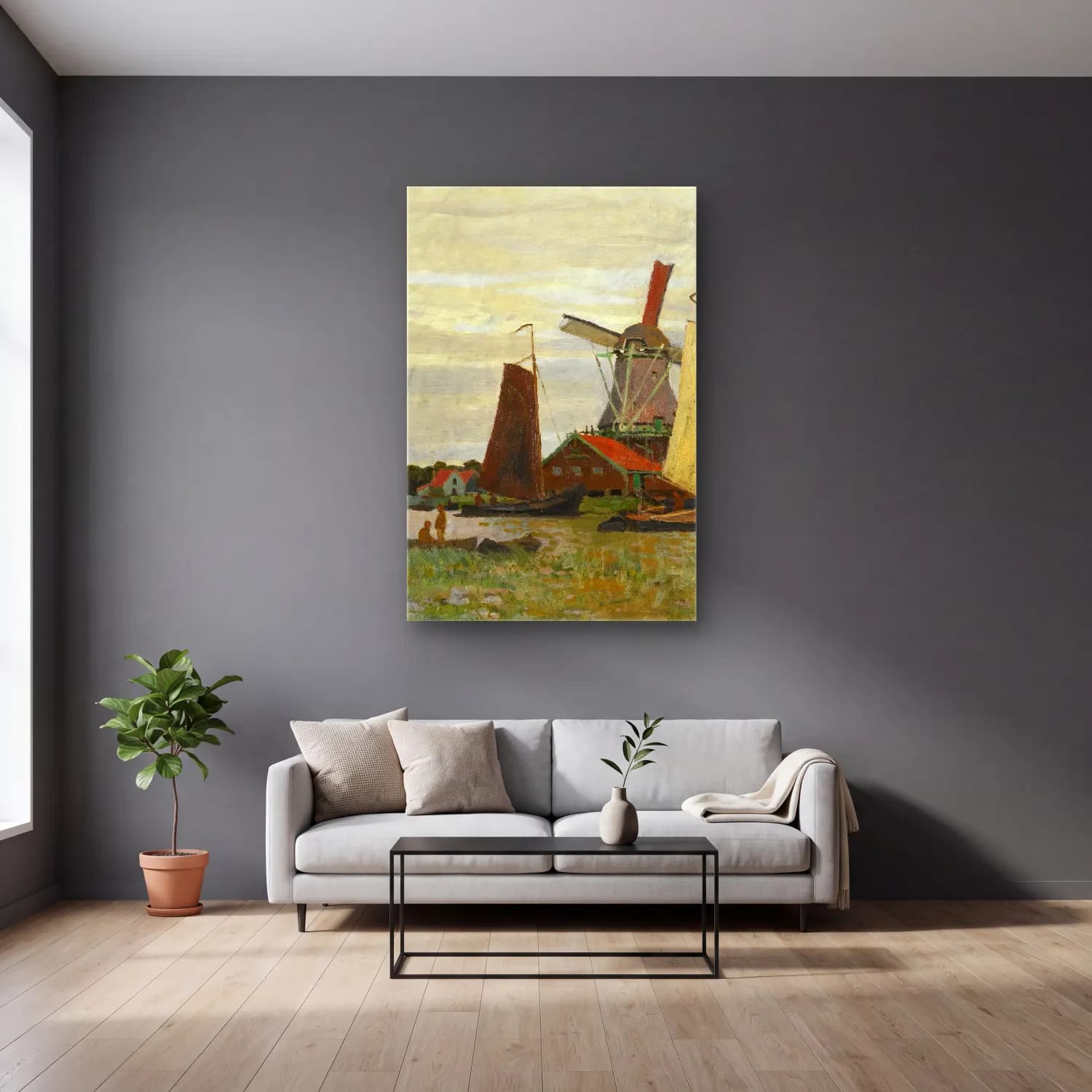 Claude Monet – Un Moulin À Zaandam cam tablo — gri duvarlı salonda