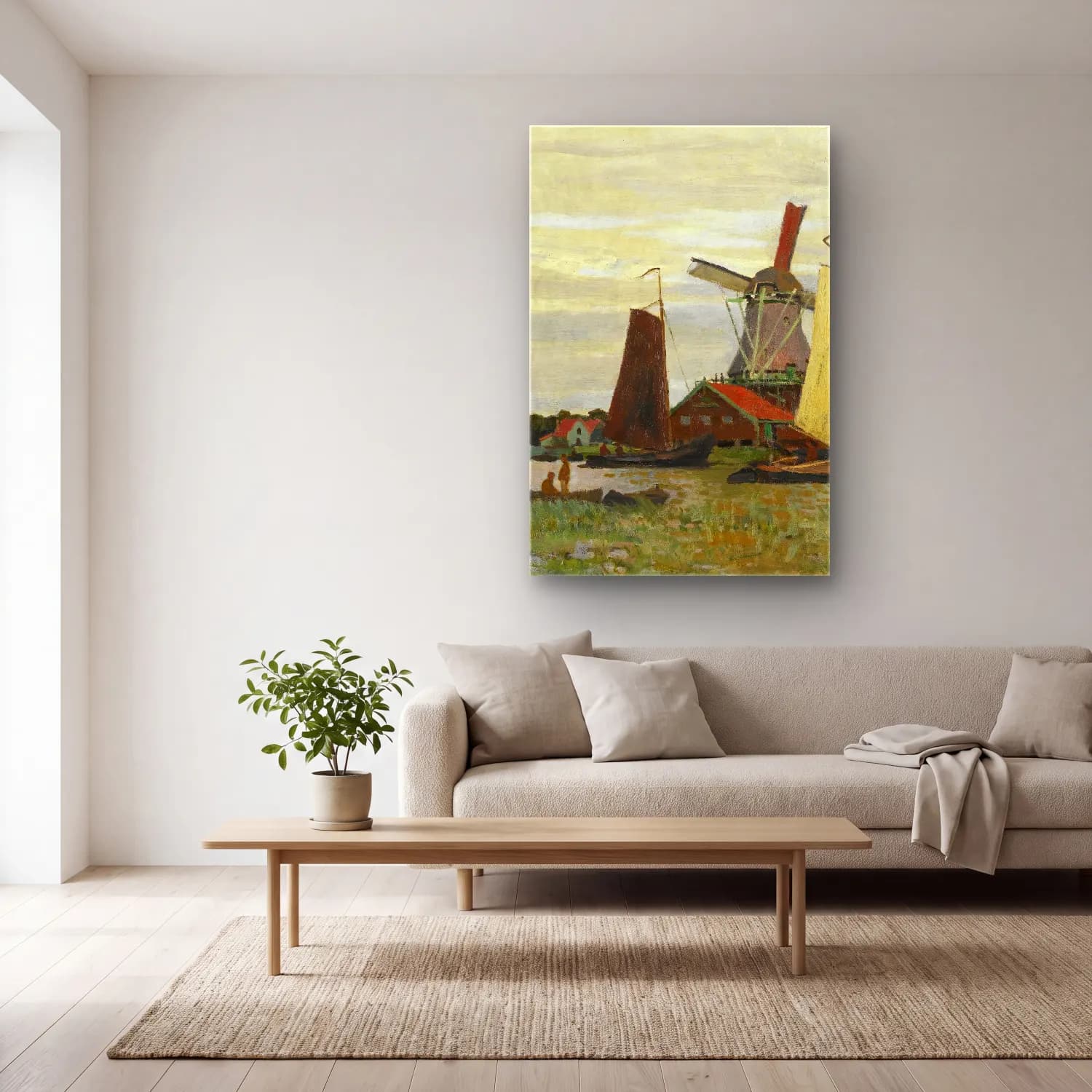 Claude Monet – Un Moulin À Zaandam cam tablo — açık renk salonda