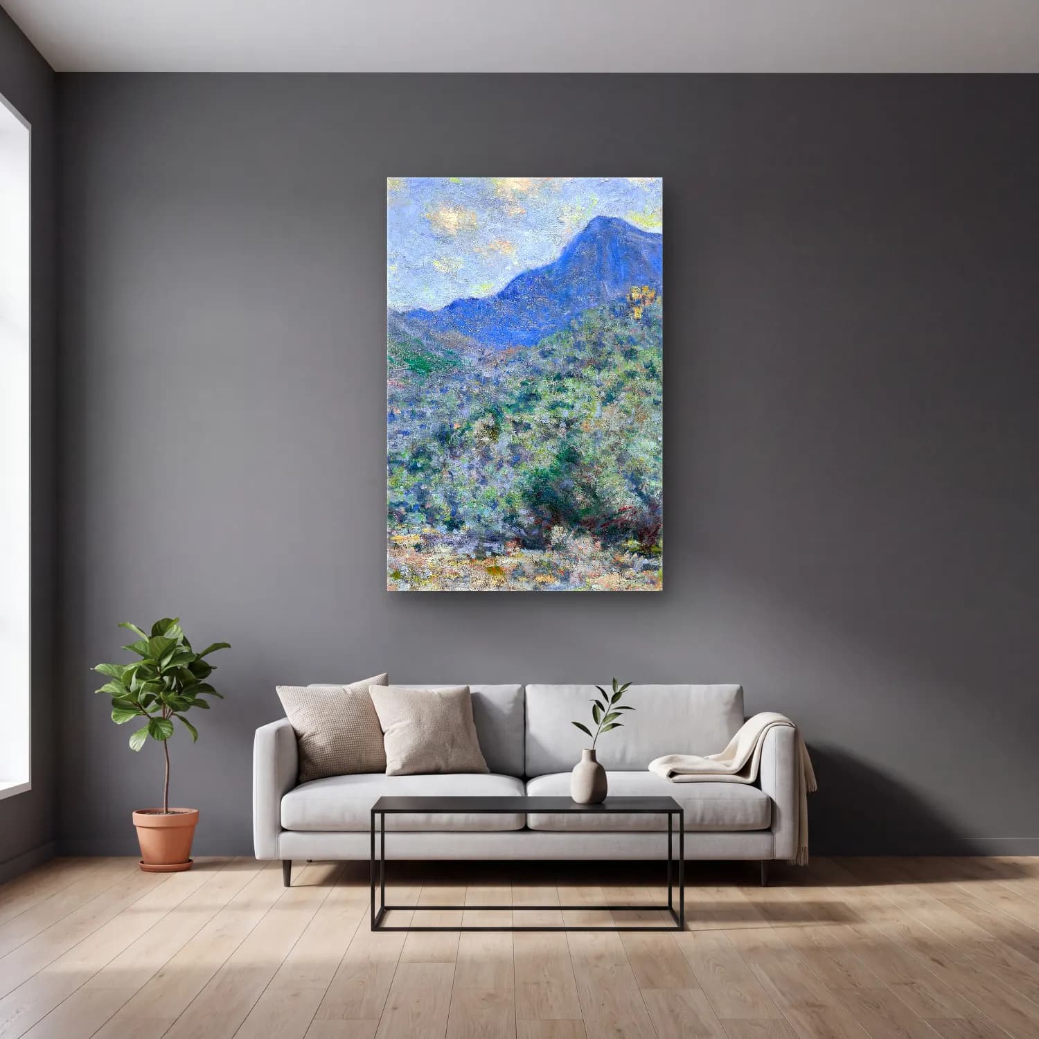 Claude Monet – Valle Buona, Near Bordighera cam tablo — gri duvarlı salonda