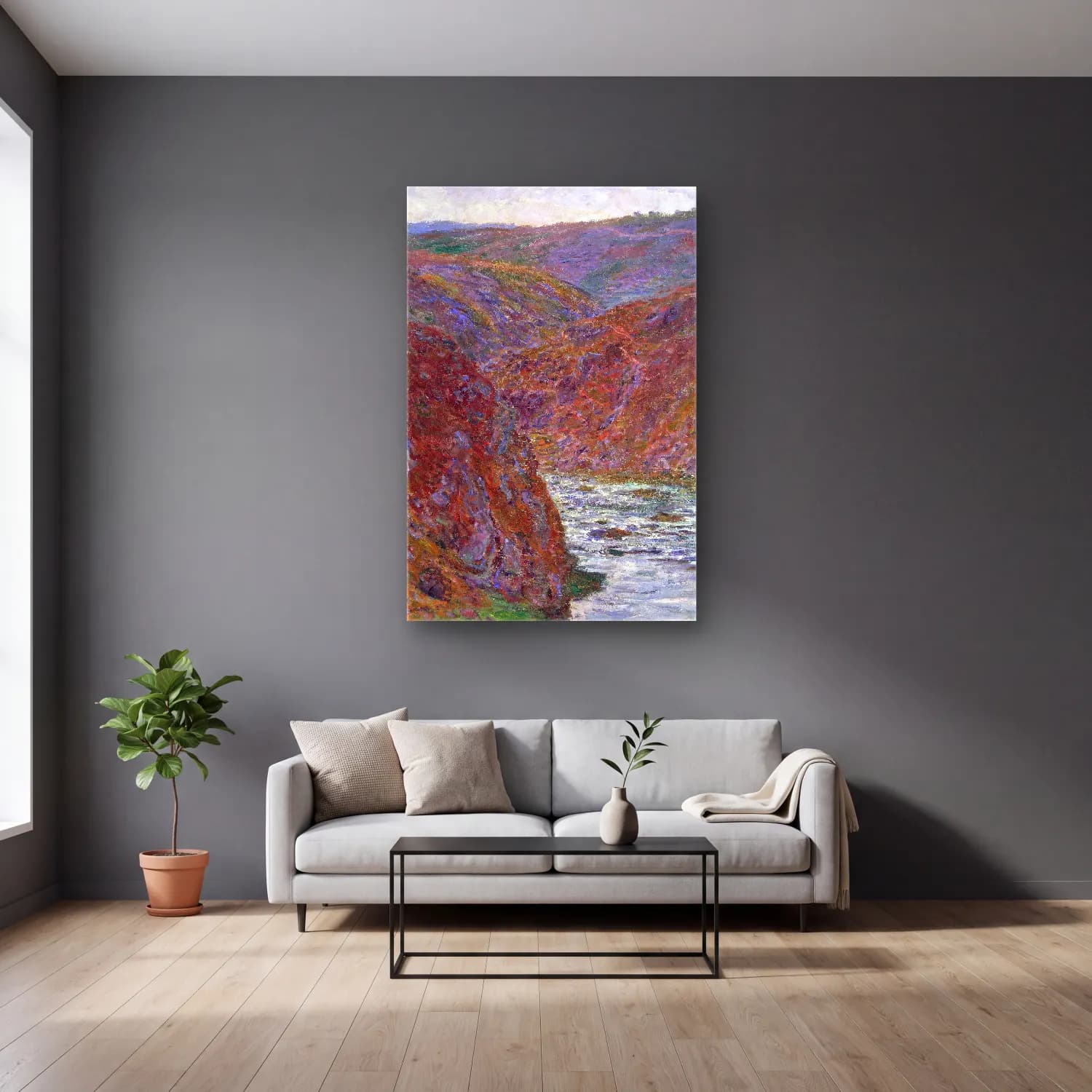 Claude Monet – Valley of the Creuse (Gray Day) cam tablo — gri duvarlı salonda