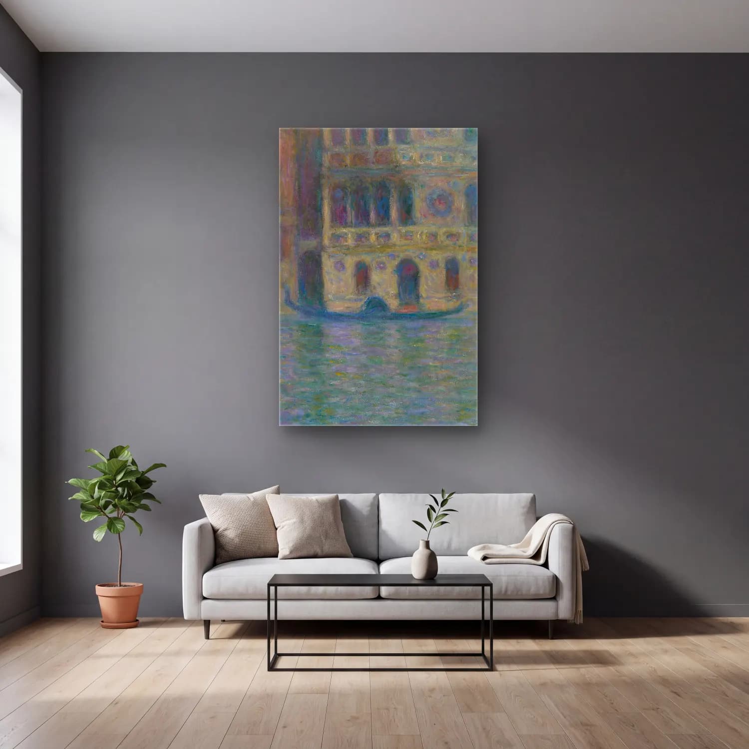 Claude Monet – Venice, Palazzo Dario cam tablo — gri duvarlı salonda