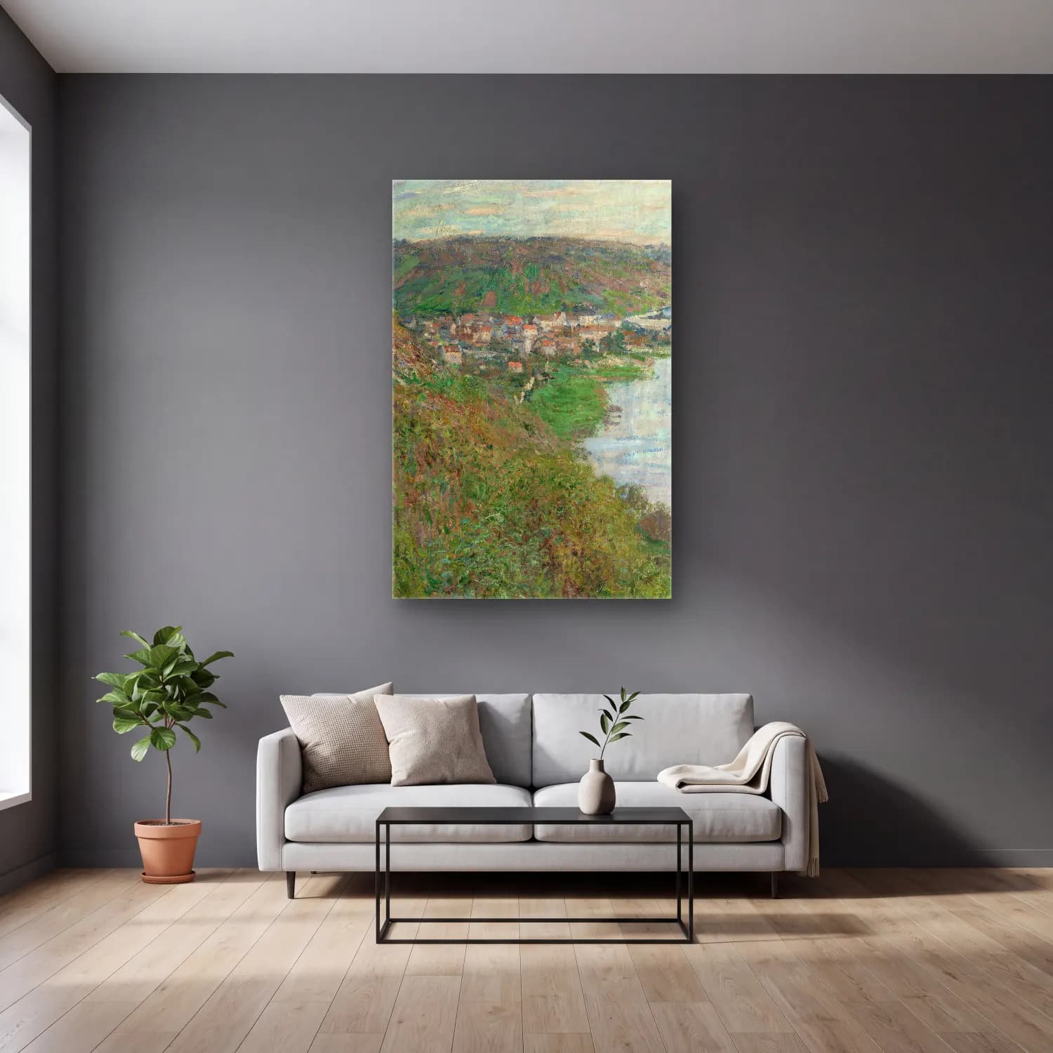Claude Monet – View of Vétheuil cam tablo — gri duvarlı salonda
