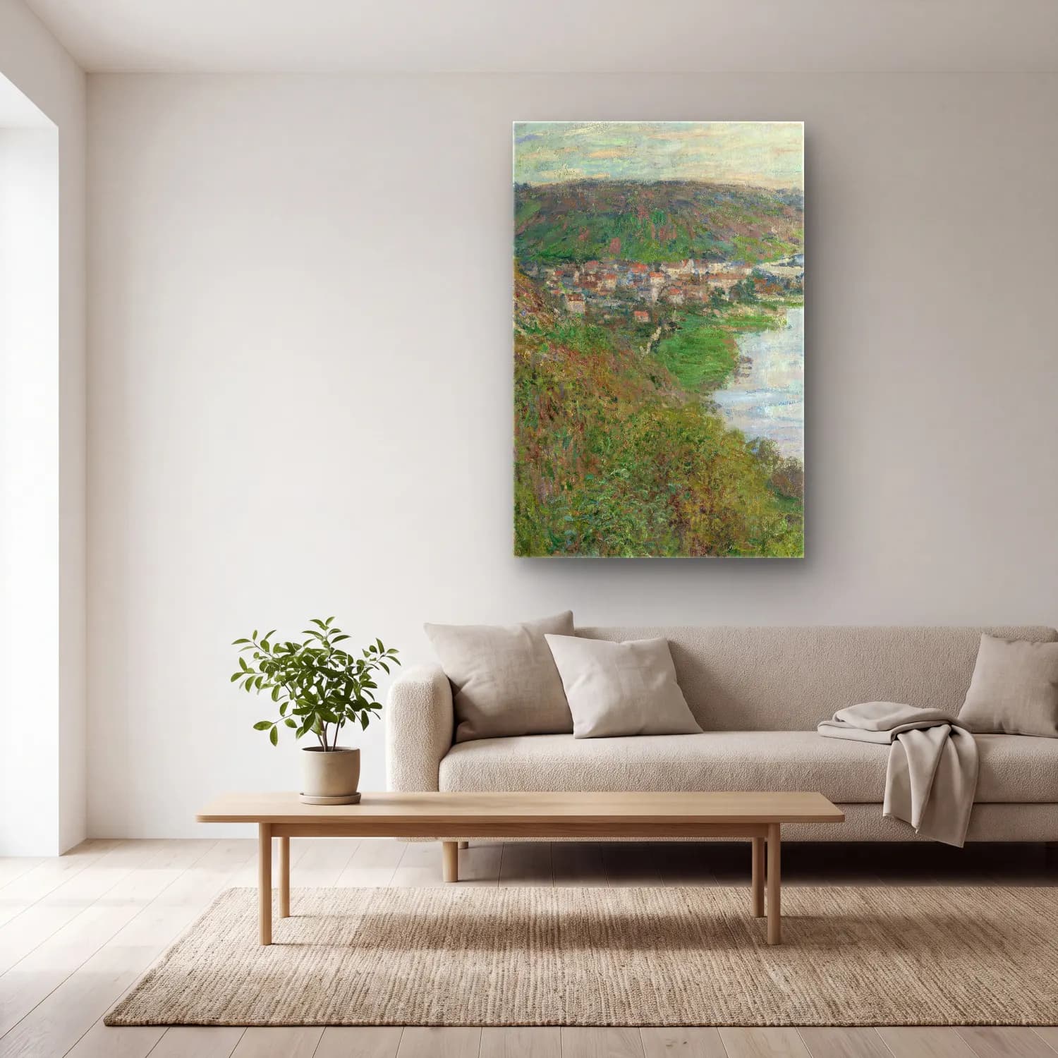 Claude Monet – View of Vétheuil cam tablo — açık renk salonda