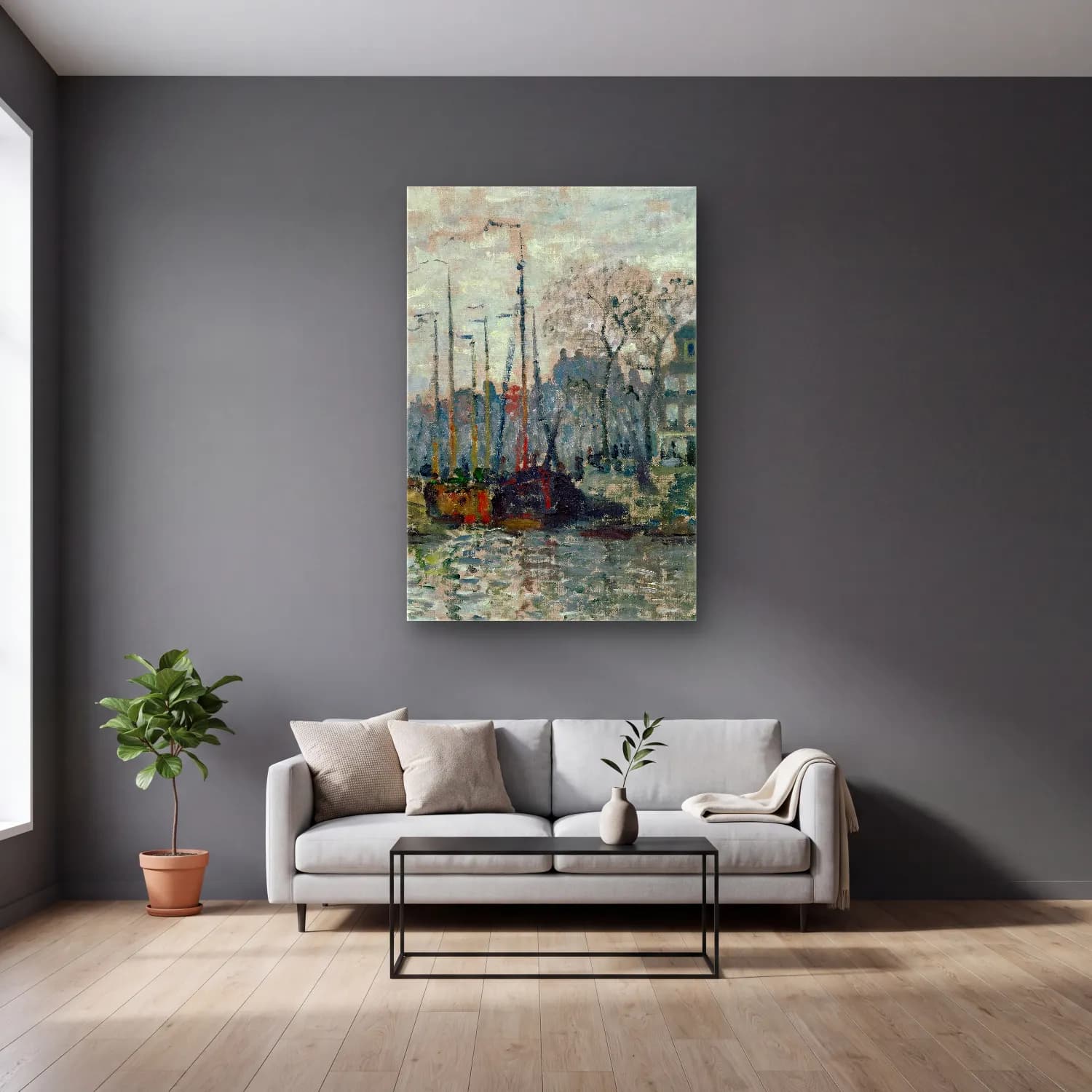 Claude Monet – View of the Prins Hendrikkade and the Kromme Waal in… cam tablo — gri duvarlı salonda