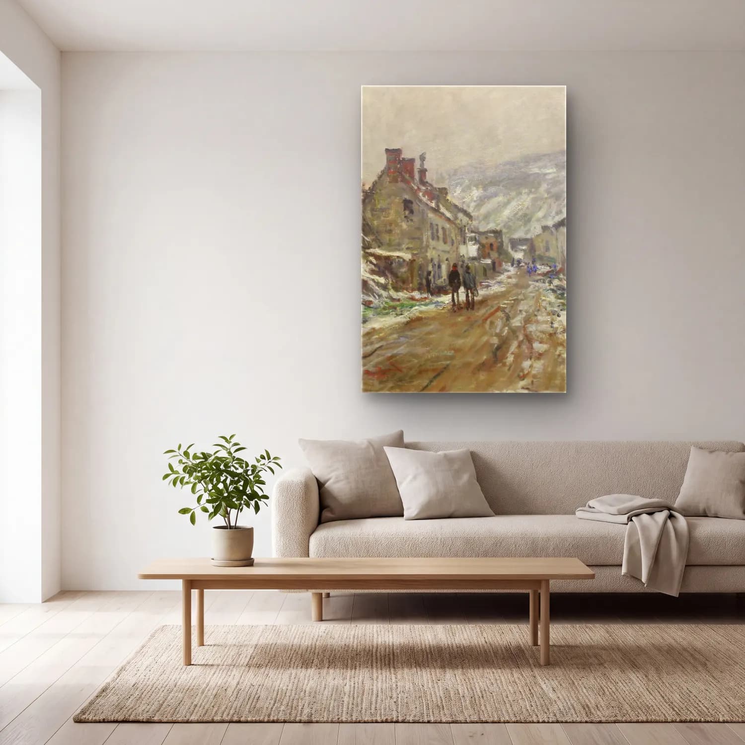 Claude Monet – Village Street, Vétheuil cam tablo — açık renk salonda