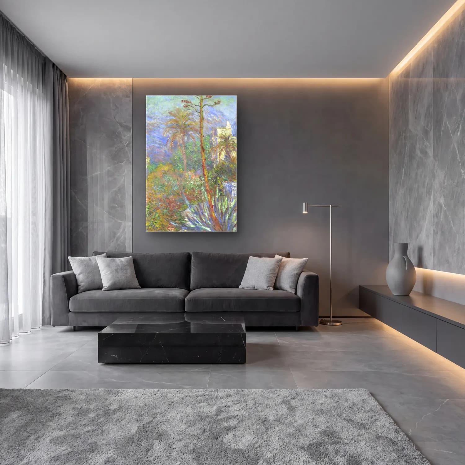 Claude Monet – Villas at Bordighera cam tablo — lüks salon duvarında