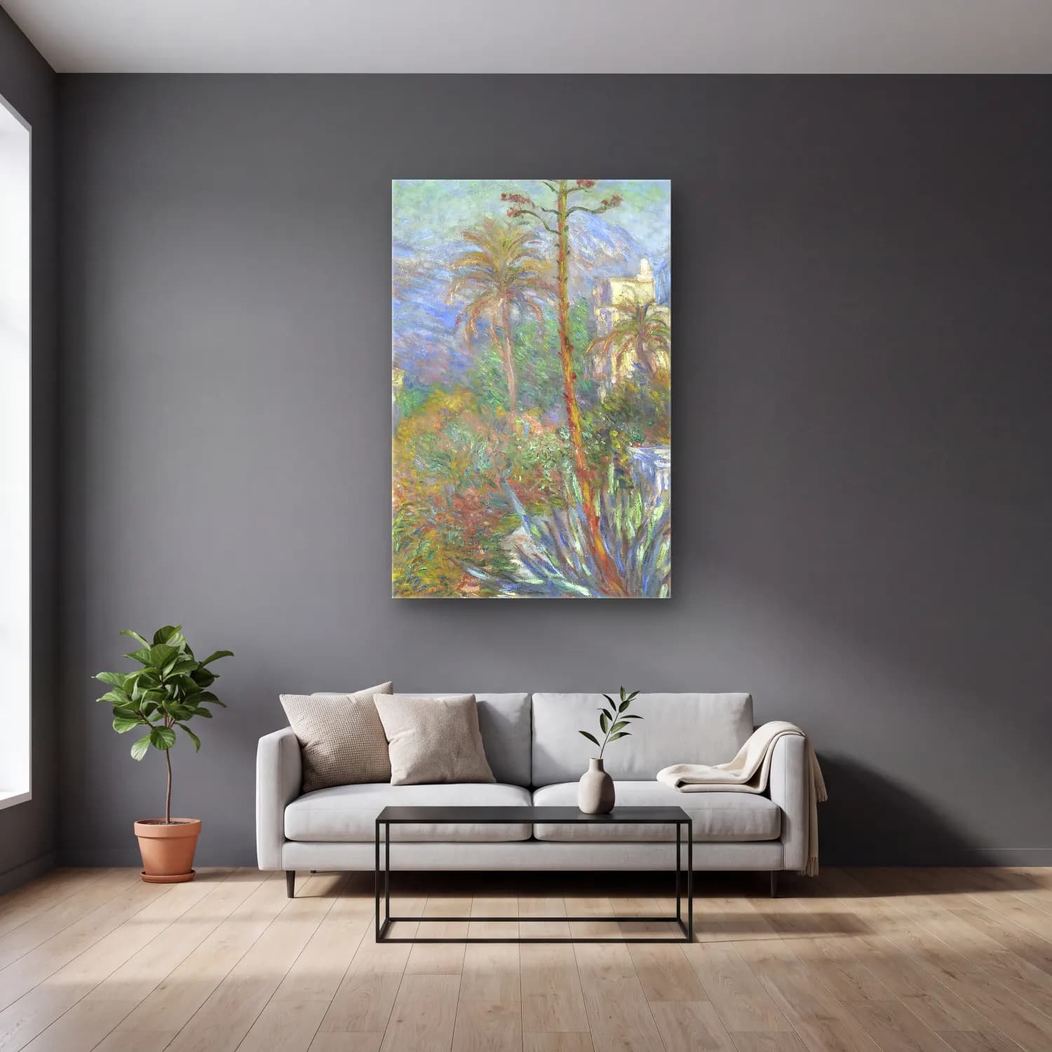 Claude Monet – Villas at Bordighera cam tablo — gri duvarlı salonda