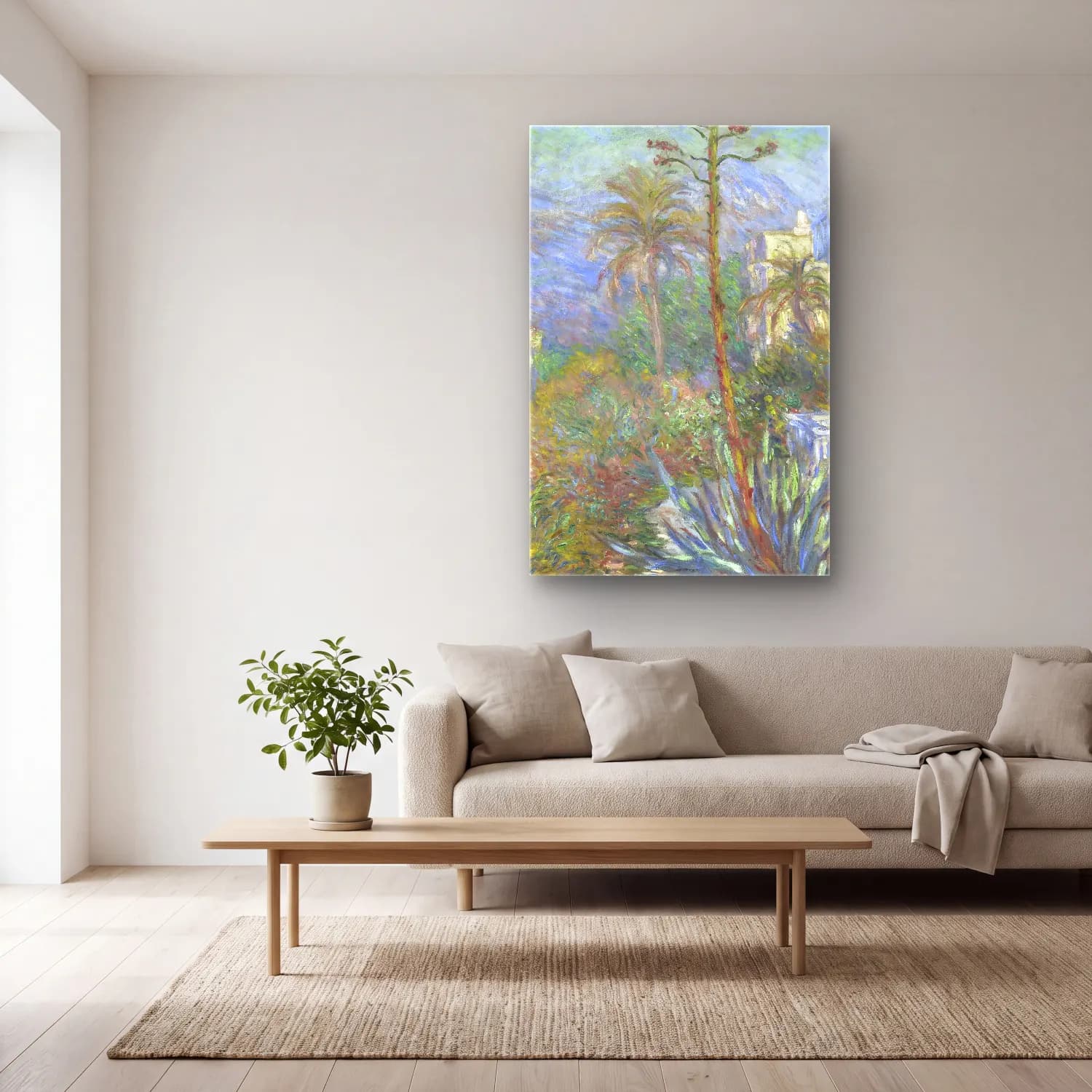 Claude Monet – Villas at Bordighera cam tablo — açık renk salonda