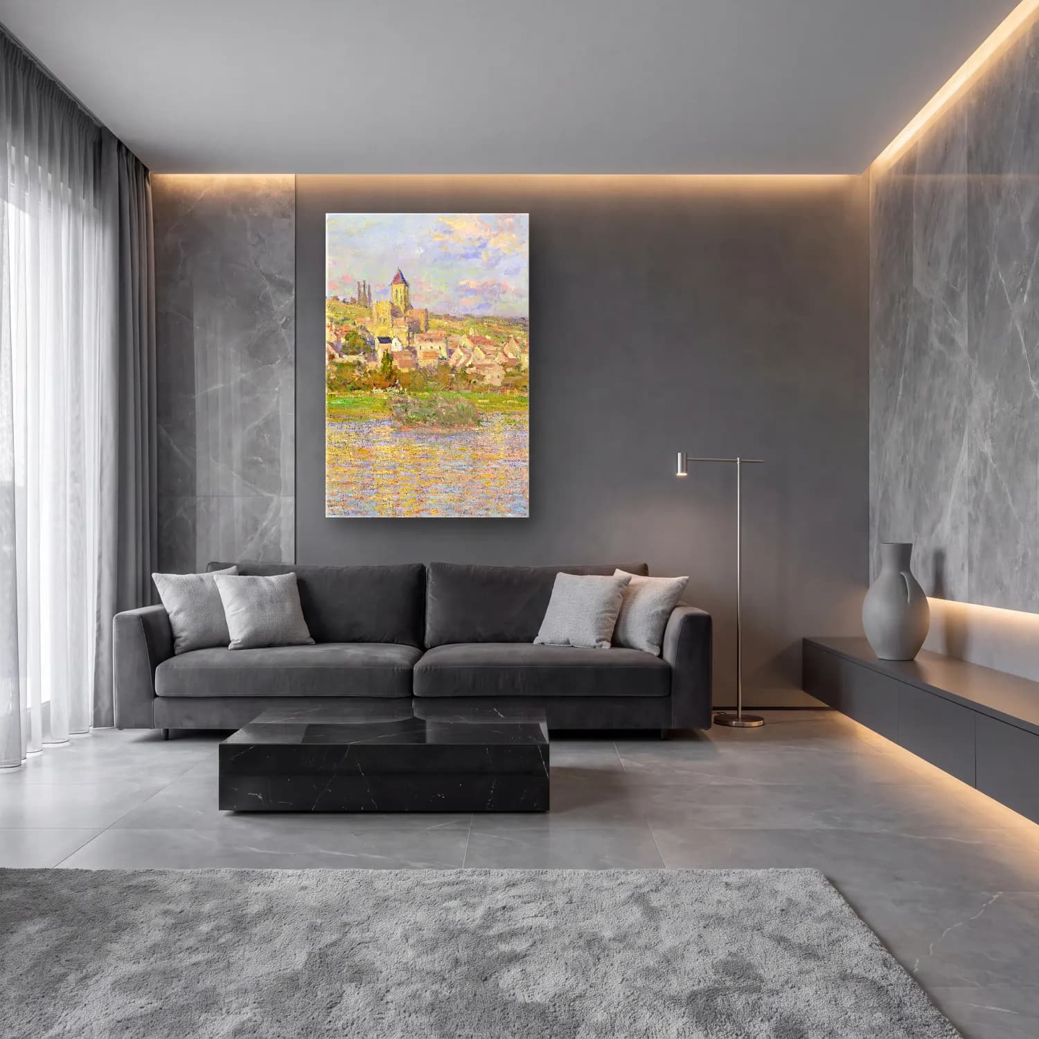 Claude Monet – Vétheuil – Bej Tonlar cam tablo — lüks salon duvarında