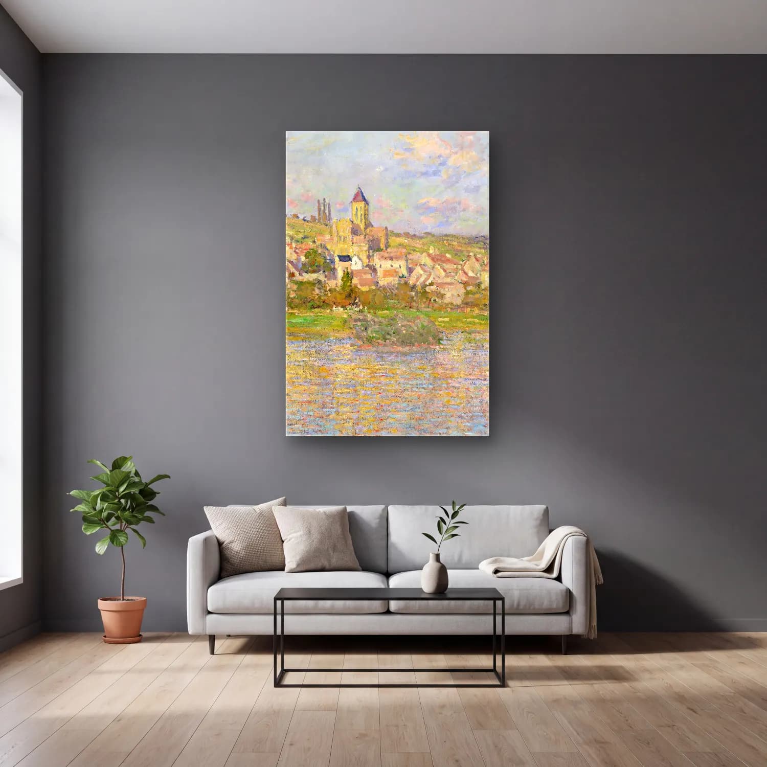 Claude Monet – Vétheuil – Bej Tonlar cam tablo — gri duvarlı salonda
