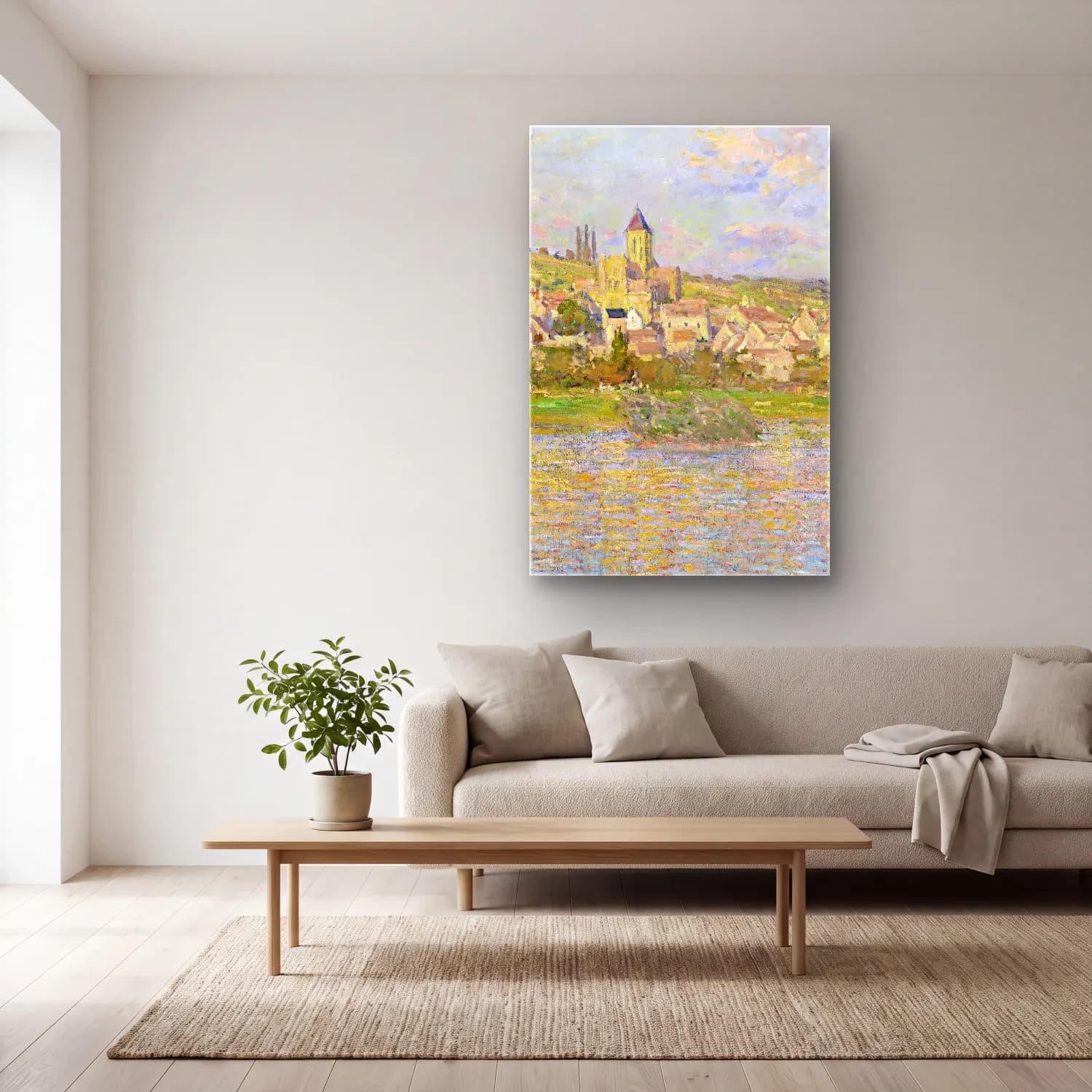 Claude Monet – Vétheuil – Bej Tonlar cam tablo — açık renk salonda