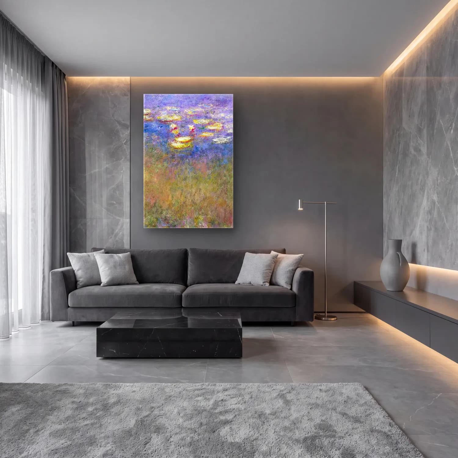 Claude Monet – Water Lilies – Pastel Tonlar cam tablo — lüks salon duvarında