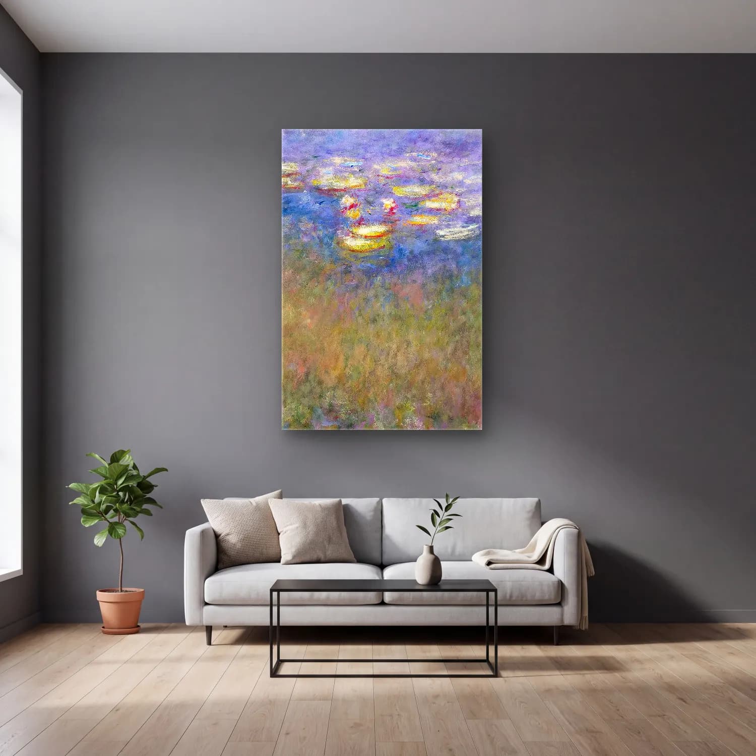 Claude Monet – Water Lilies – Pastel Tonlar cam tablo — gri duvarlı salonda