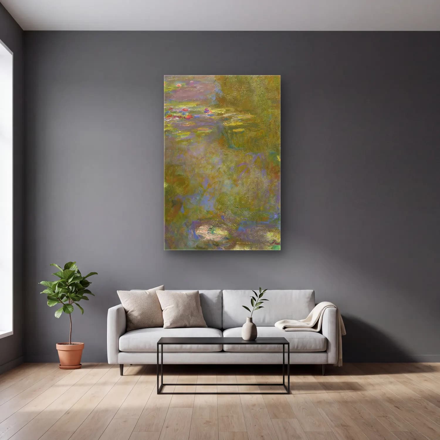 Claude Monet – Water Lily Pond cam tablo — gri duvarlı salonda