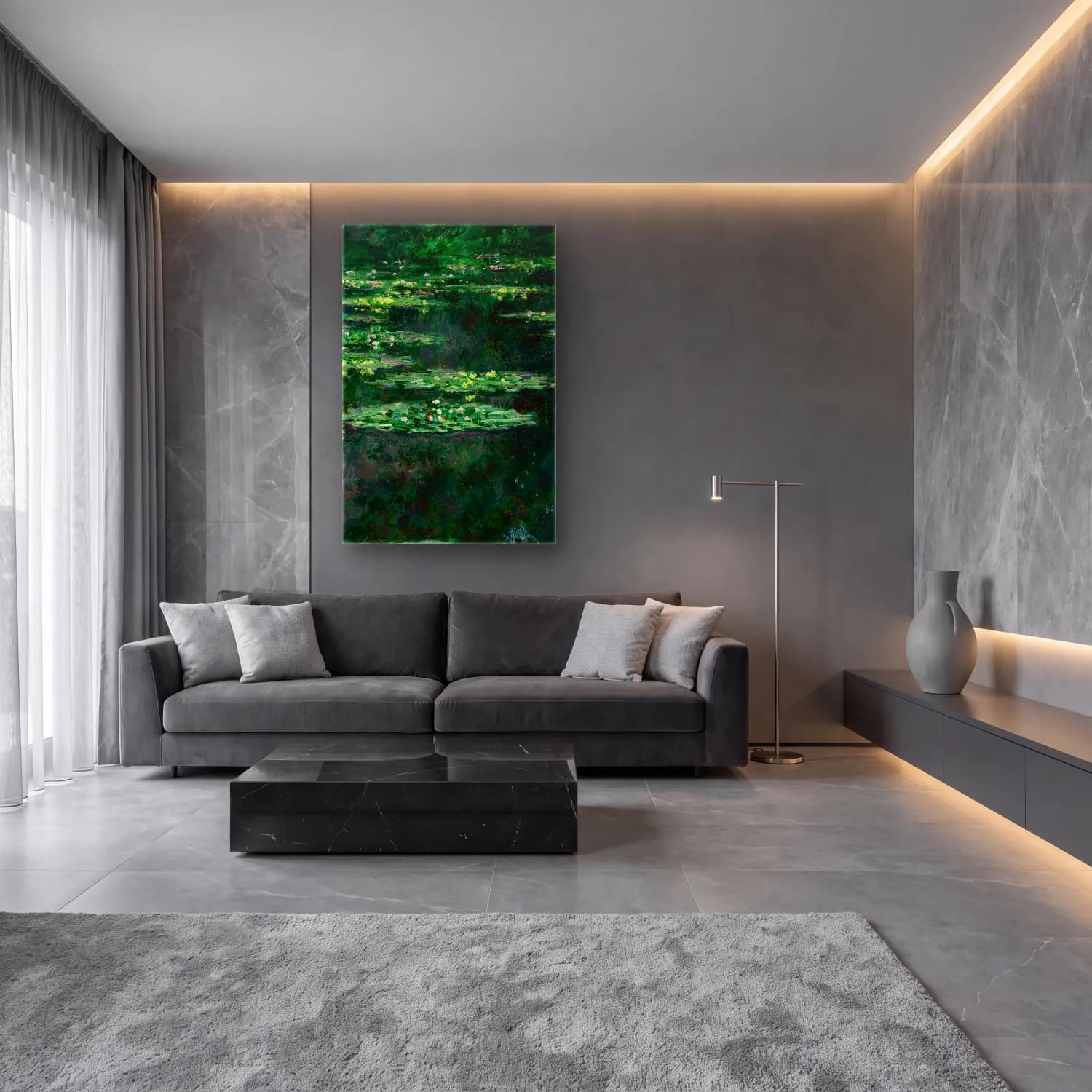 Claude Monet – Waterlilies cam tablo — lüks salon duvarında