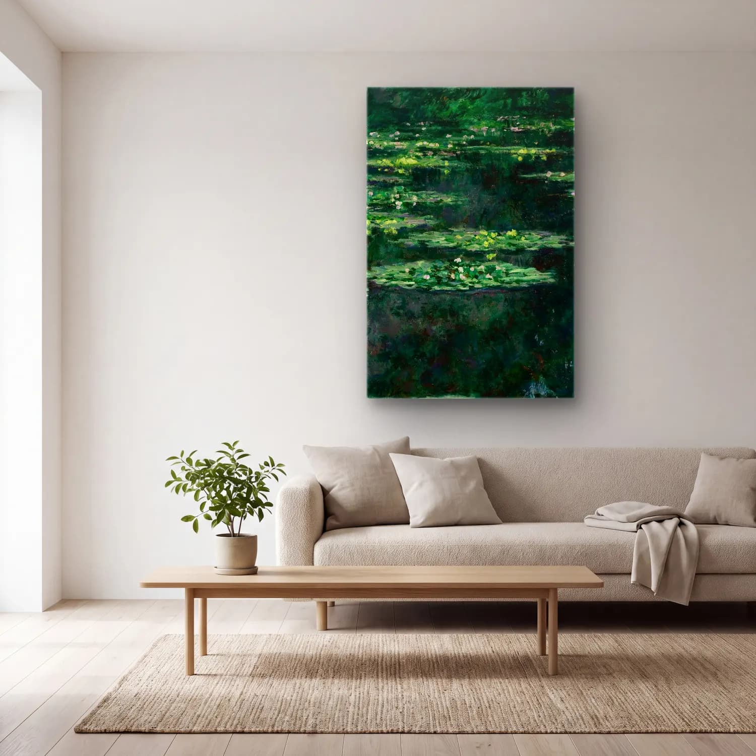 Claude Monet – Waterlilies cam tablo — açık renk salonda