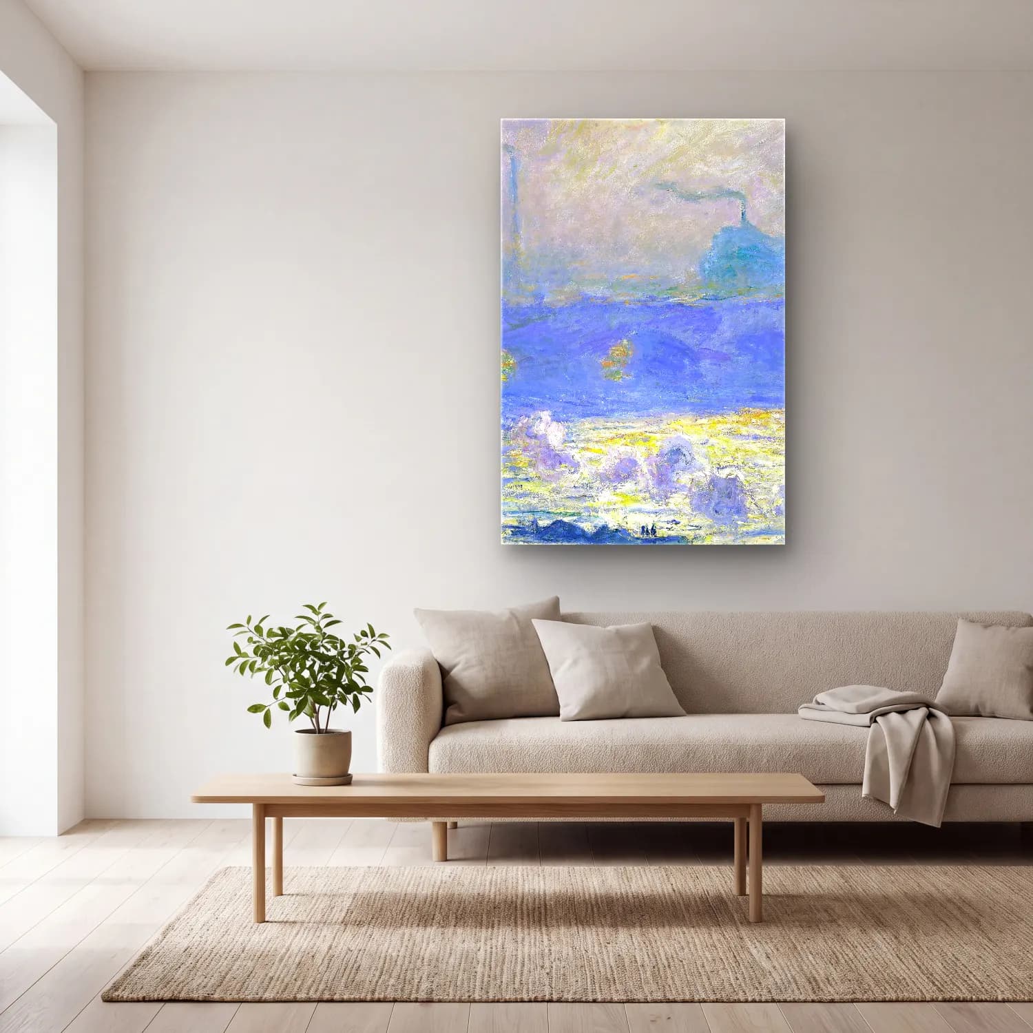 Claude Monet – Waterloo Bridge cam tablo — açık renk salonda