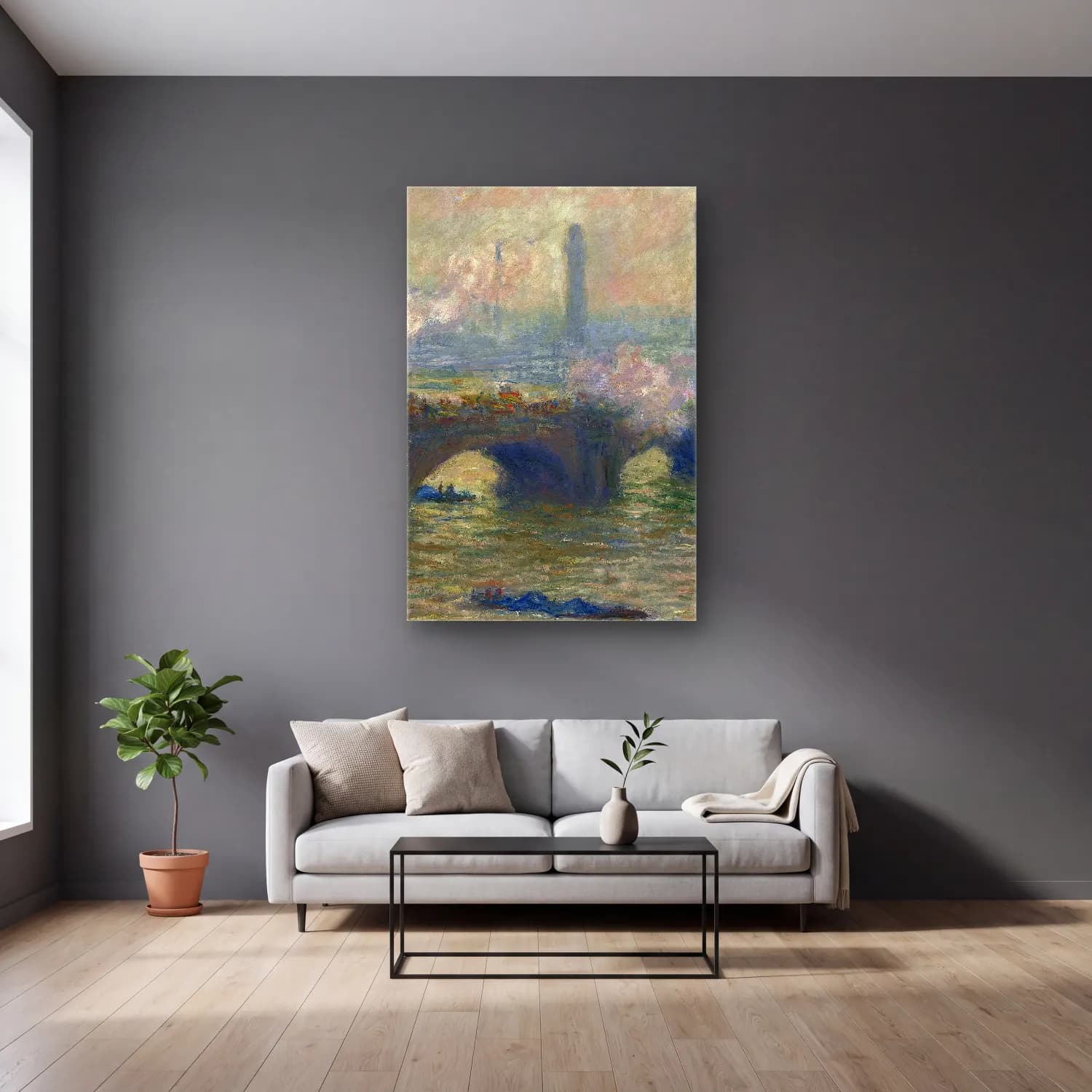 Claude Monet – Waterloo Bridge,Gray Day cam tablo — gri duvarlı salonda