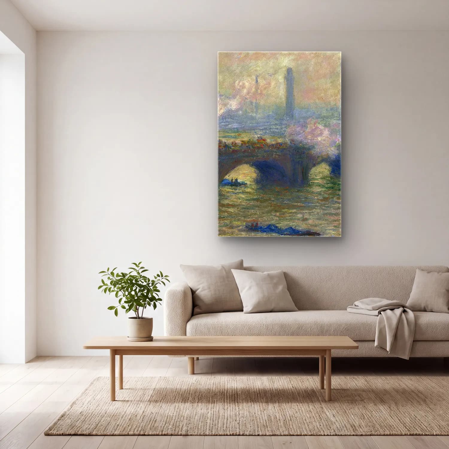 Claude Monet – Waterloo Bridge,Gray Day cam tablo — açık renk salonda