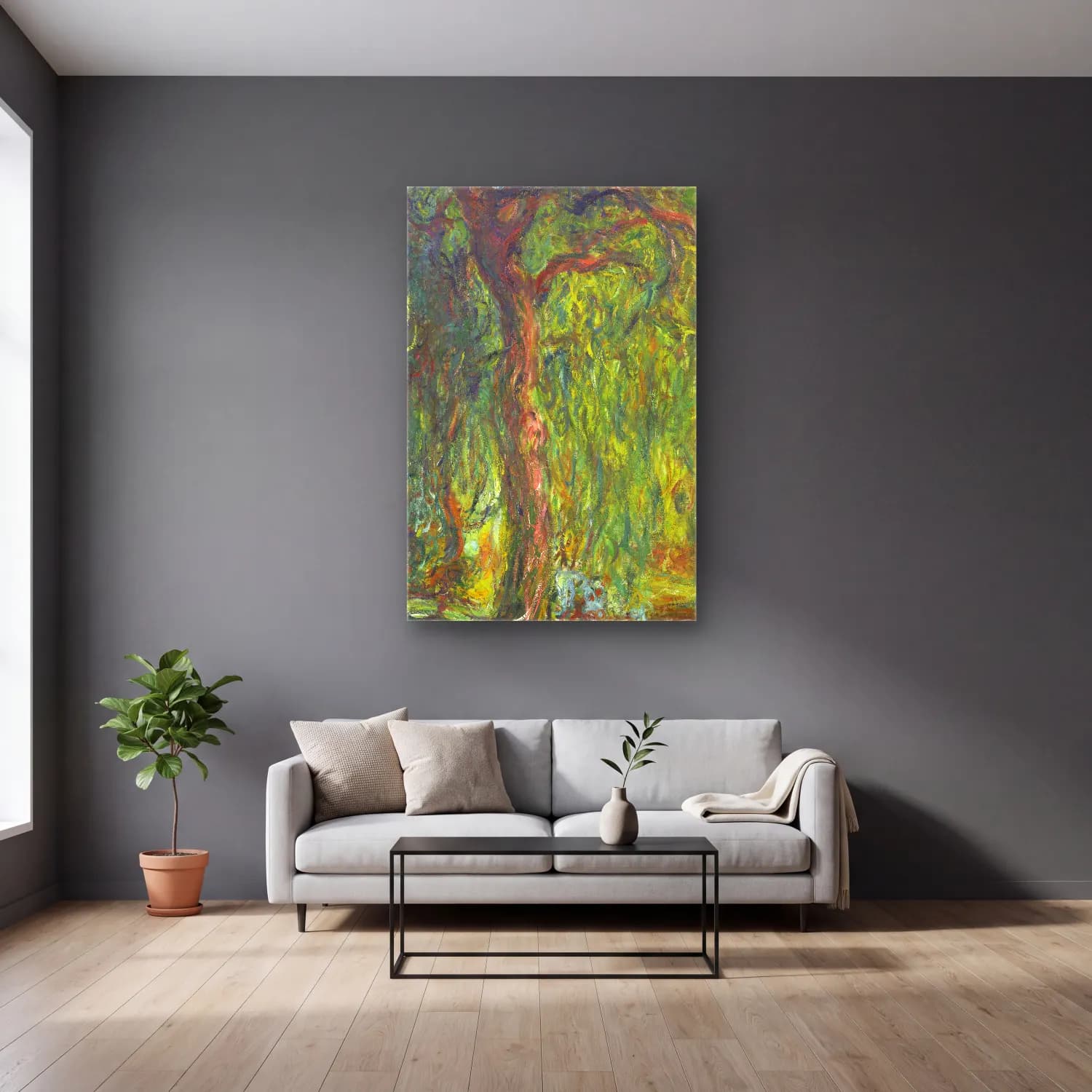 Claude Monet – Weeping Willow cam tablo — gri duvarlı salonda