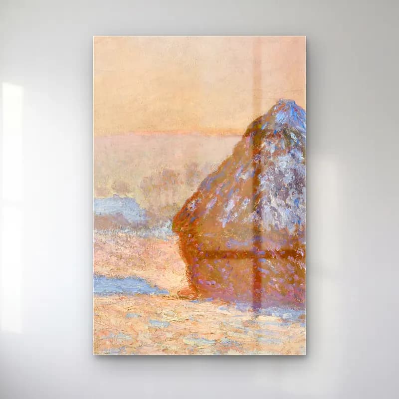 Claude Monet – Wheatstacks, Snow Effect, Morning cam tablo — Claude Monet – Wheatstacks, Snow Effect, Morning — empresyonist dağ manzarası